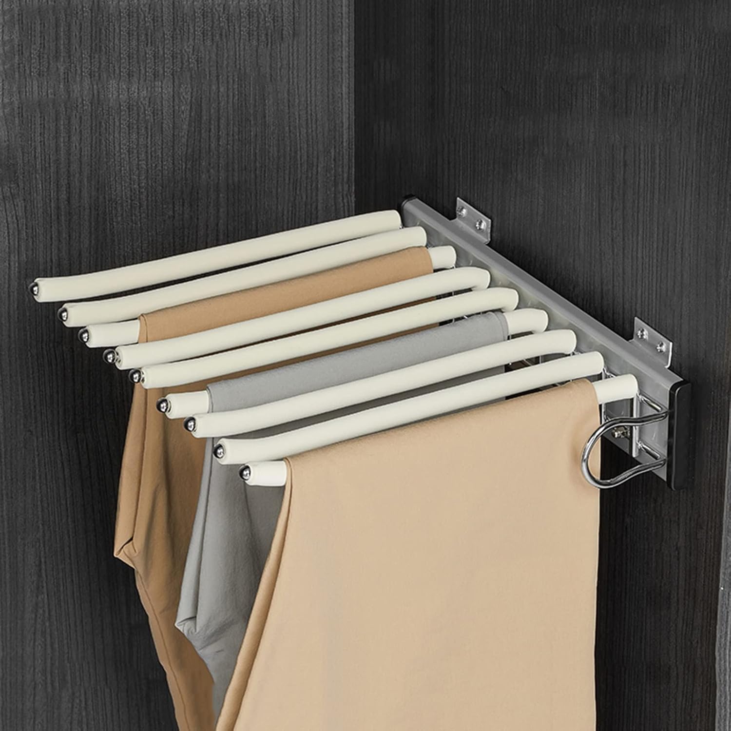 Pant Hangers Pull Out Trousers Rack 9 Arms,Closet Pants Hanger Bar for Closet Organizers, Hanger Rail Extendable Trousers Hanger, for Space Saving and Storage,Beige-Right Side