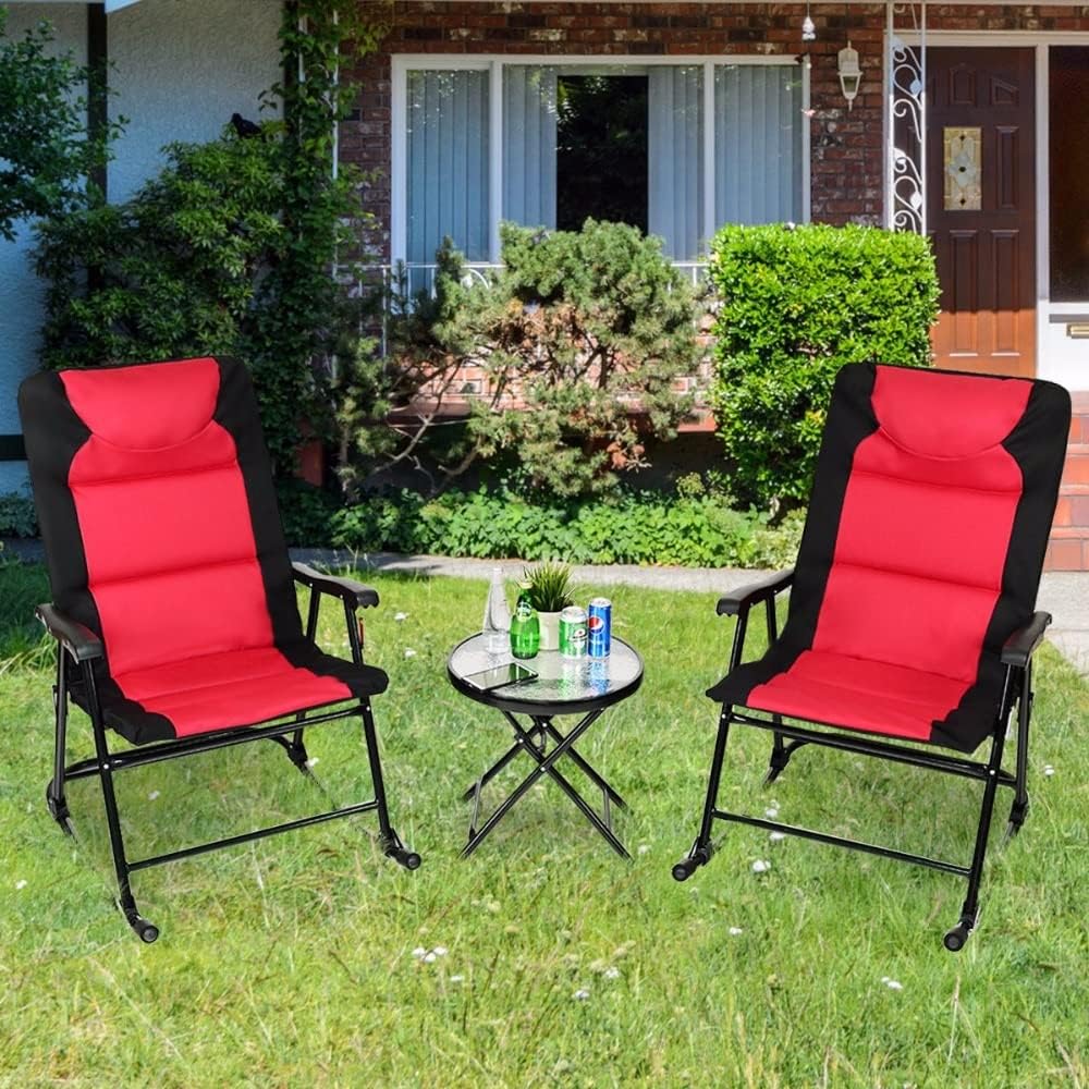 3 PCS Outdoor Folding Rocking Chair Table Set Bistro Sets Patio Furniture Red Outdoor Furniture