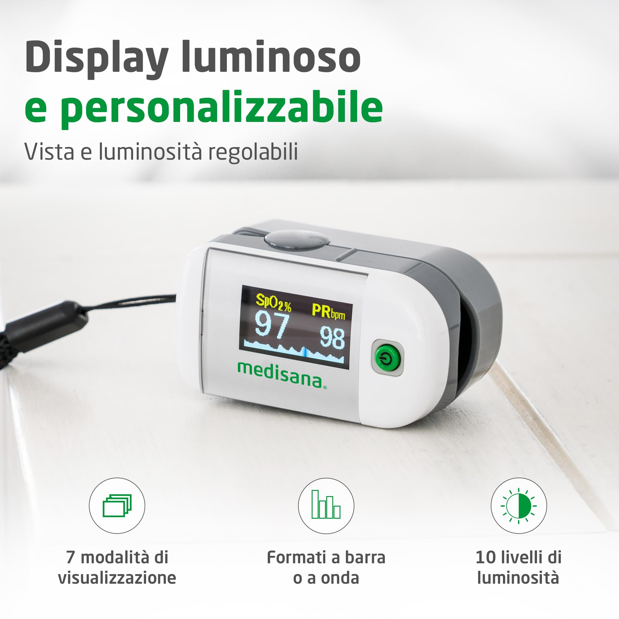 Medisana PM 100, misurazione di saturazione dell'ossigeno nel sangue, pulsossimetro da dito con display OLED e funzionamento one-touch