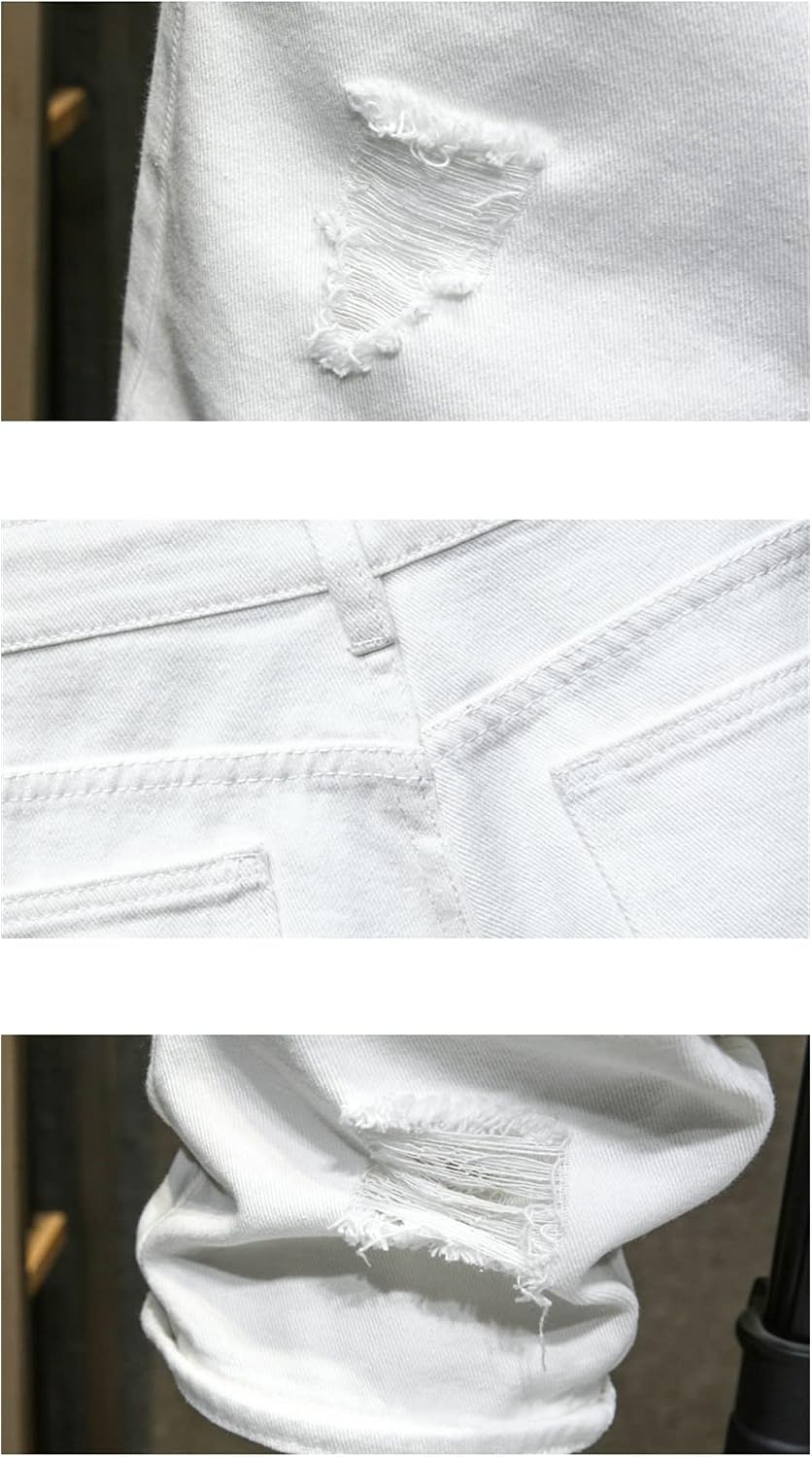 KEHAIOO Summer Men White Ripped Hole Denim Shorts Slim Casual Knee Length Short Straight Hole Jeans Bermuda Shorts