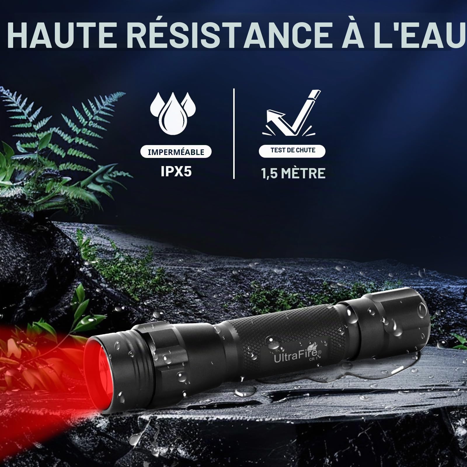 ULTRAFIRE Lampe torche LED rouge 620-630 nm lumière de chasse rouge avec batterie et chargeur, lumière rouge de 200 m pour astronomie, aviation, observation nocturne, CR1