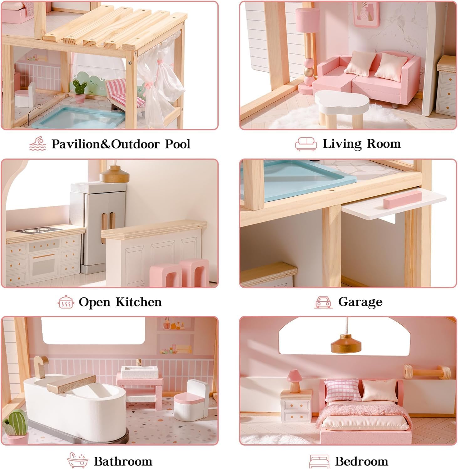Wooden Dollhouse, A Dollhouse with 29 Pieces of Furniture, 6 Rooms, Suitable for Girls Over 3 Years Old (Pink)(Pink)
