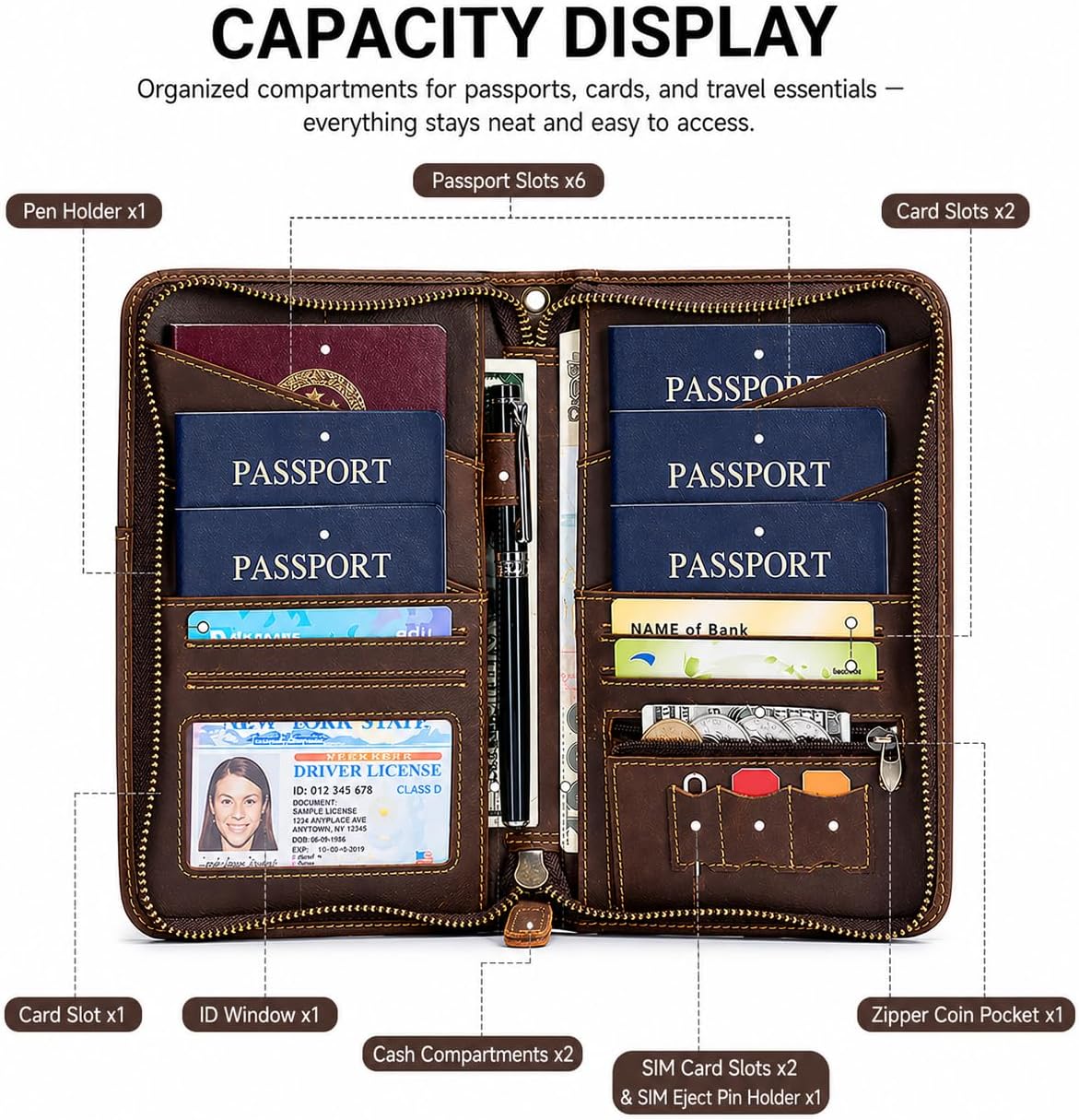 Crazy Horse Leather Passport Holder for Travel Family, Family Passport Holder for 6, Multiple Passport Holder Organizer, Leather Passport Wallet with Card Slots, Zipper Passport Wallet for Men Women