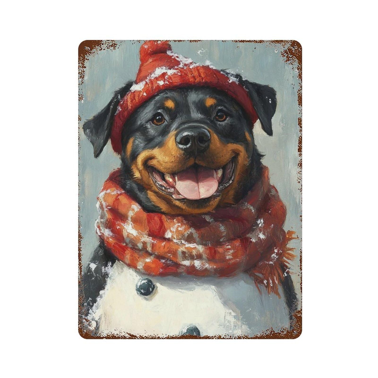 Winter Rottweiler Portrait 15.7"x11.8" Weathered Tin Sign, Rustic Home Decor for Living Room, Hallway And Home Decor