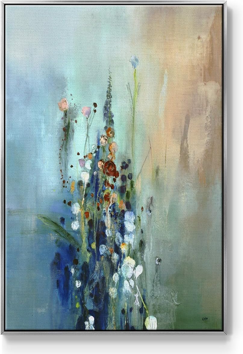 Renditions Gallery Nature Wall Art Silver Floating Frame Paintings Colorful Cluster of Blossom Flowers Abstract Wall Hanging Artwork Prints for Office Hotel Bedroom Decorations - 17"X25" LT545