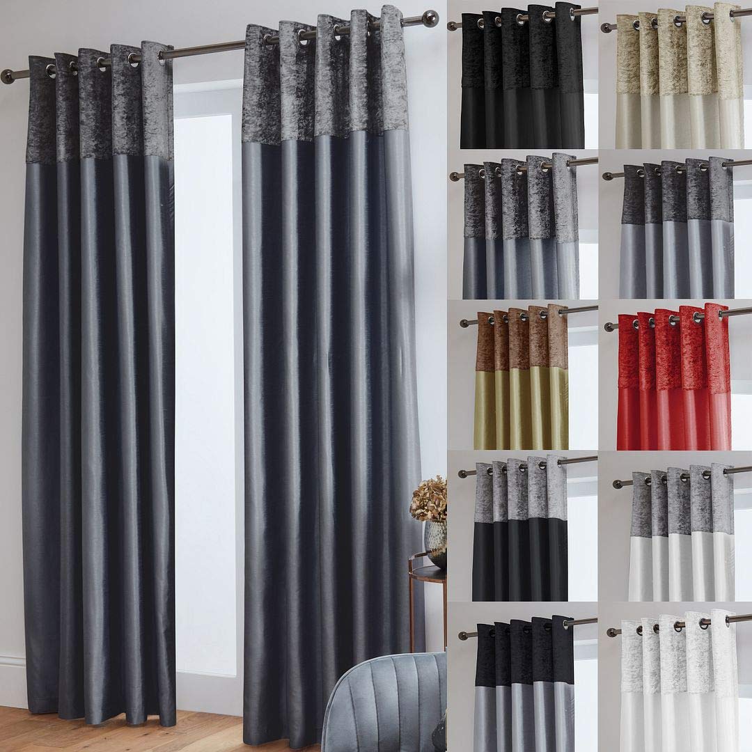 John Aird Crushed Velvet Band Faux Silk Eyelet Curtains (Grey, 46" Wide x 72" Drop)