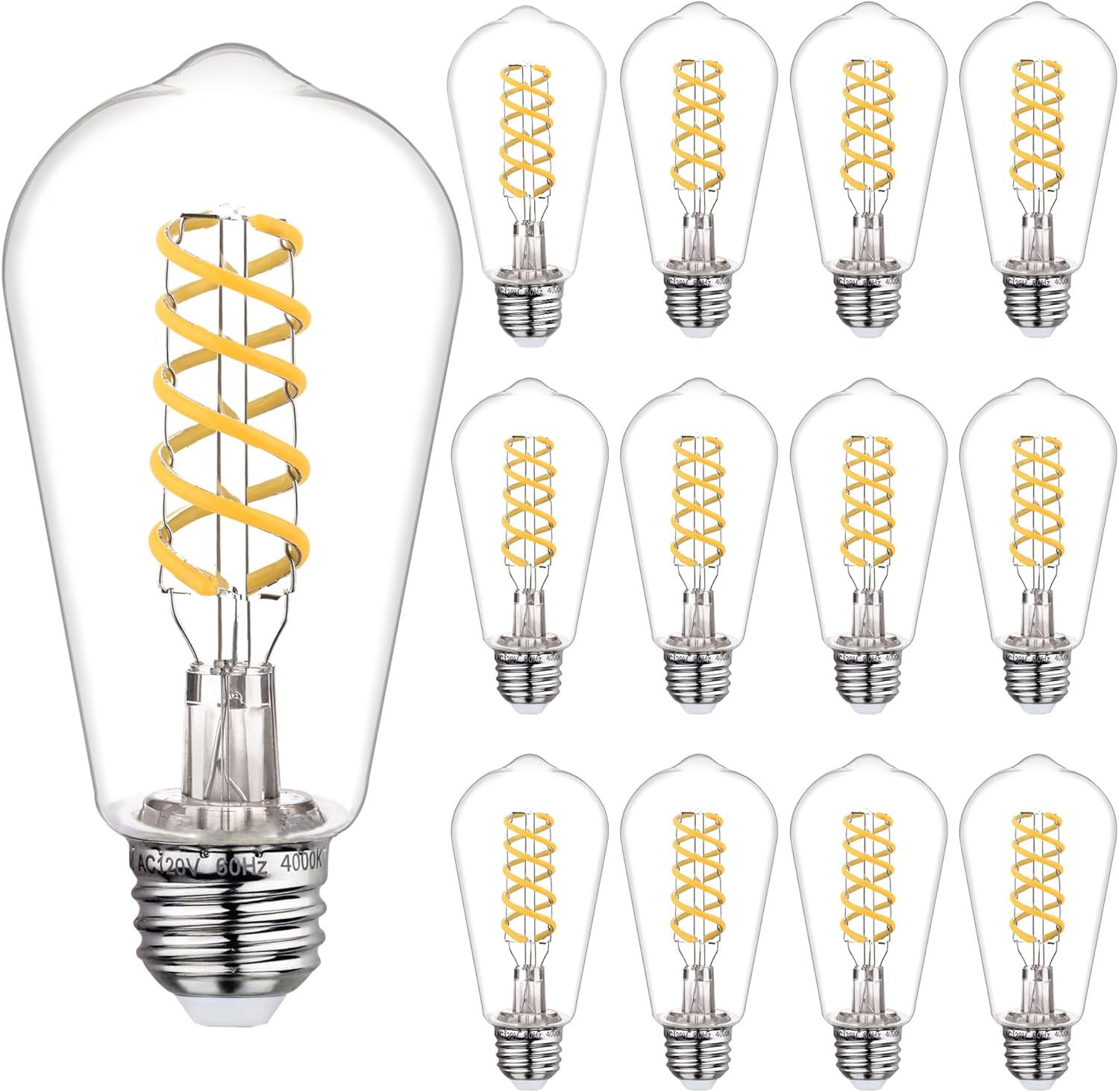 12 PCS Dimmable Vintage LED Edison Bulbs, 6W Equivalent 60 Watt, Natural White 4000K, Antique Flexible Spiral LED Filament Light Bulb, ST58 (ST19), 600 Lumens, E26 Base, Clear Plastic