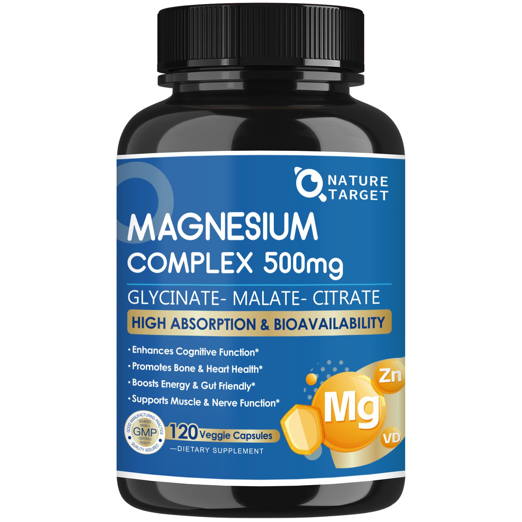 NATURE TARGET Triple Magnesium Complex 500mg, 120 Vegan Capsules 120 Count (Pack of 1)