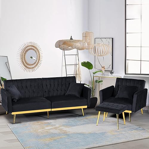2 Pieces Velvet Sofa Set with Adjustable Armrest and Backrest, 70” Convertible Futon Sofa Bed & Mordern Accent Chair with Ottoman for Living Room, Bedroom, Black