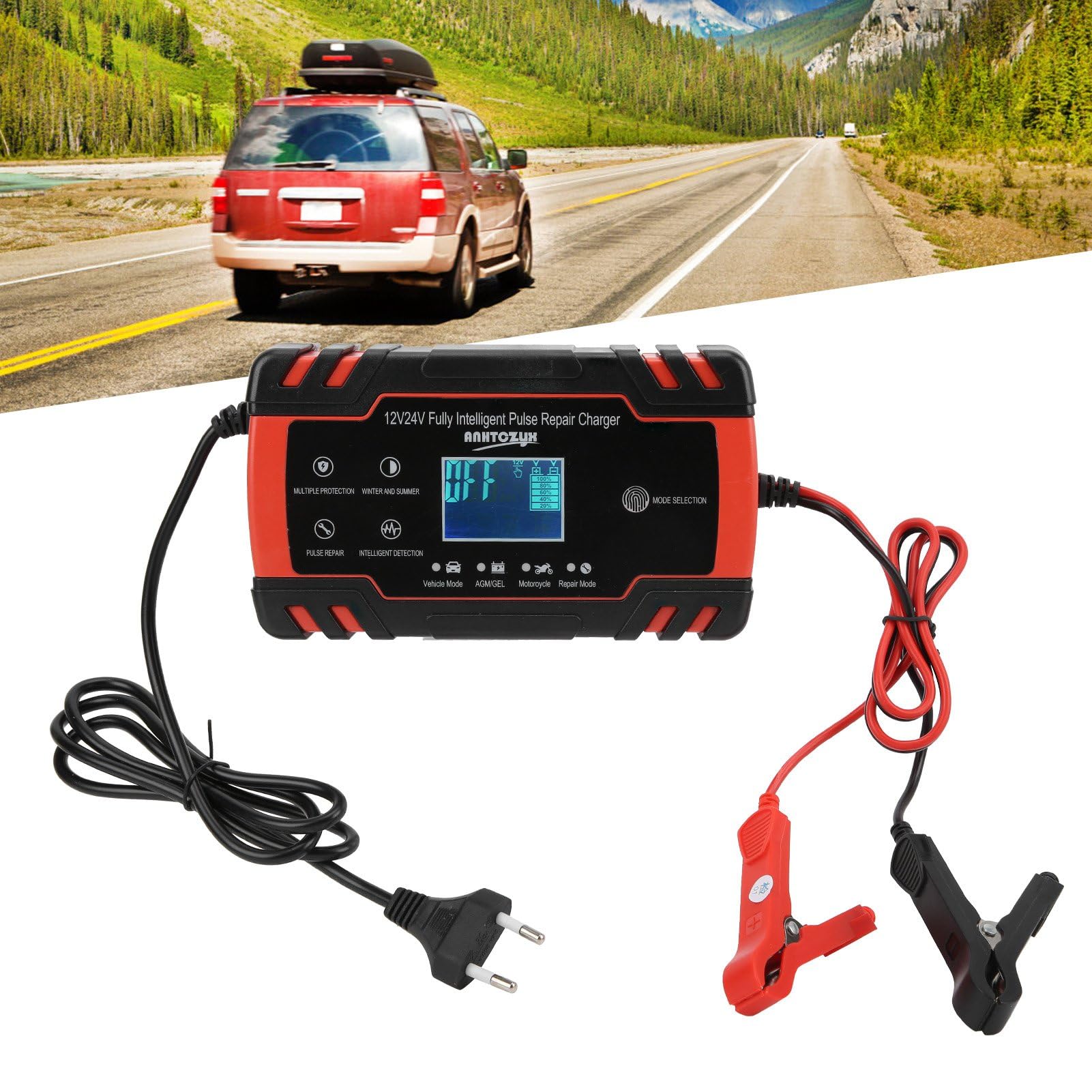 Aramox Chargeur de Batterie de Voiture, Chargeur de Batterie 12V/24V 2-150Ah Réparation Automatique Intelligente pour Moto de Voiture 110V-240V(Norme européenne)