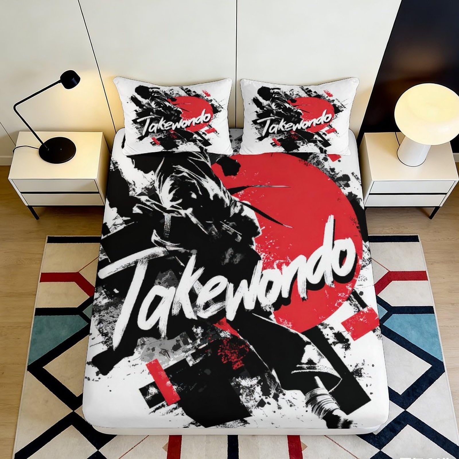3D Printed Samurai Warrior Fitted Sheet Microfiber Black Red Japanese Art Mattress Cover Anti-Slip Bedroom Dorm Decor 90x200x25cm
