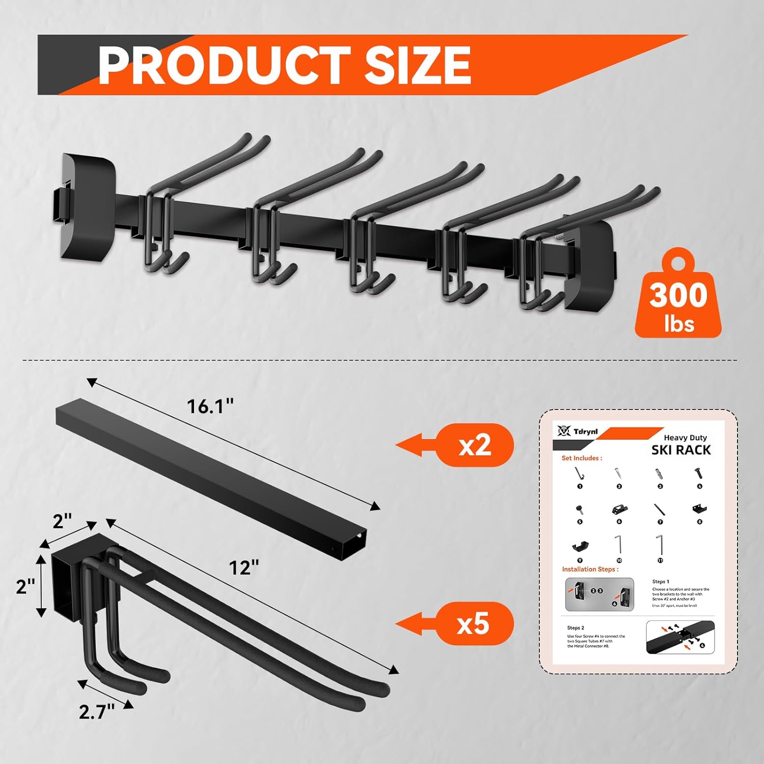 32" Ski & Snowboard Wall Rack – Heavy-Duty Wall Mounted Ski Storage for Garage, Holds 10 Pairs with 5 Adjustable Hooks, 300lbs Capacity, Non-Slip Rubber, Easy Install | Ski Holders for Wall - Image 4