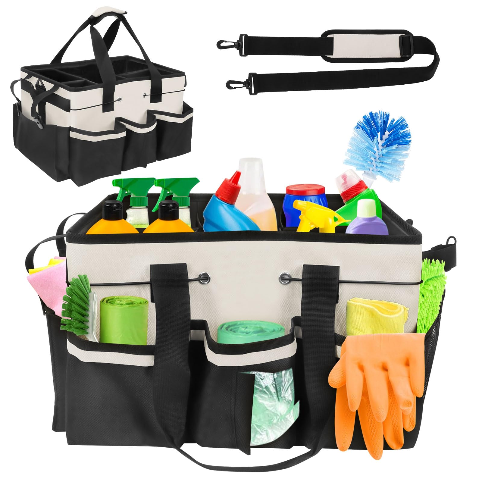 Qivine Indossabile Borsa per Pulizia, Grande Portatile Organizer Pulizia Caddy con Manico e divisorio Staccabile, Multifunzionale Borsa Portaoggetti Con 5 Scomparti per Casa Auto Giardino (Bianco)