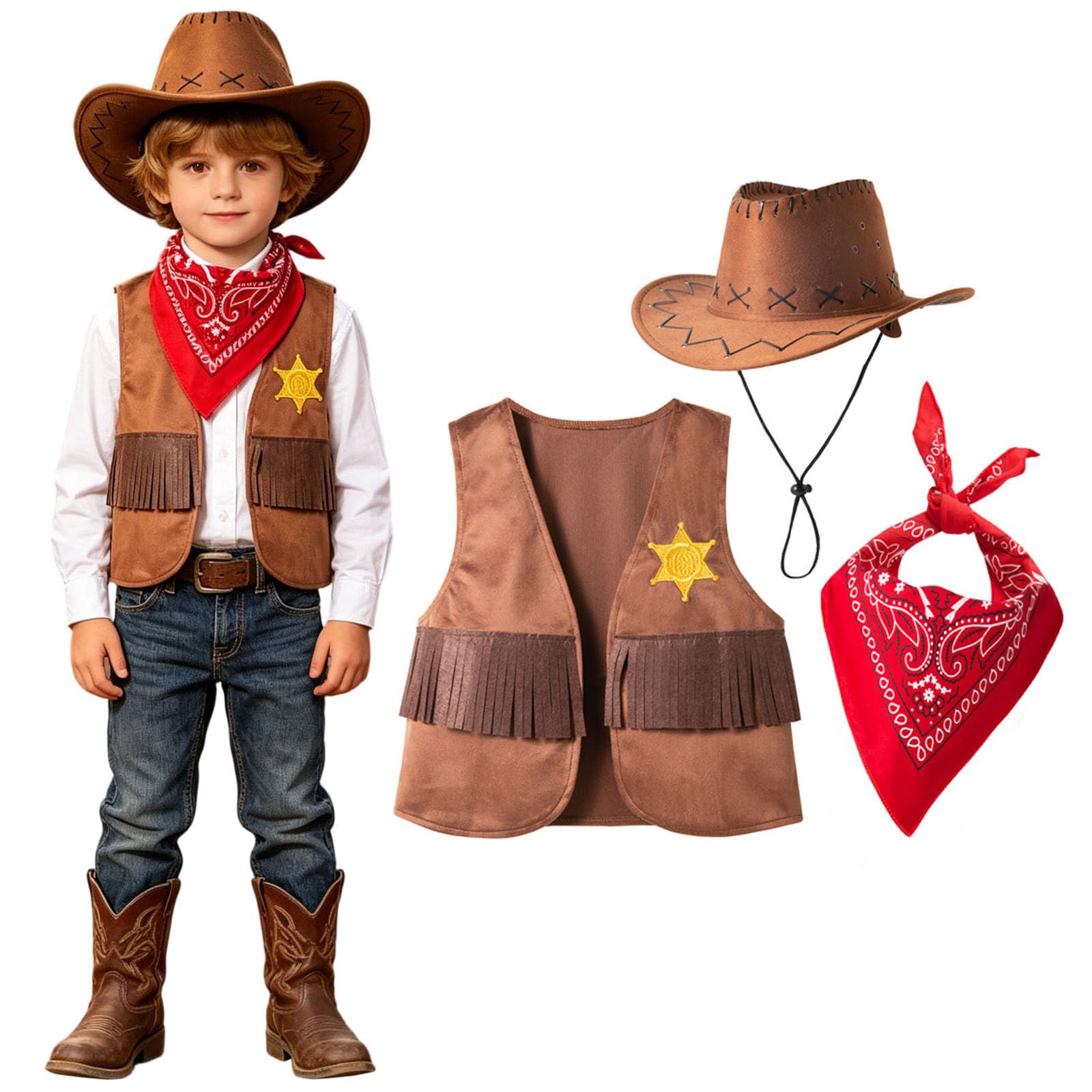 Cowboy Costume for Boys Kids Western Outfit 3 Piece Set Vest Hat Bandana Wild West Role Play World Book Day Halloween Fancy Dress (Coffee, 7-8 Years) โ image 1