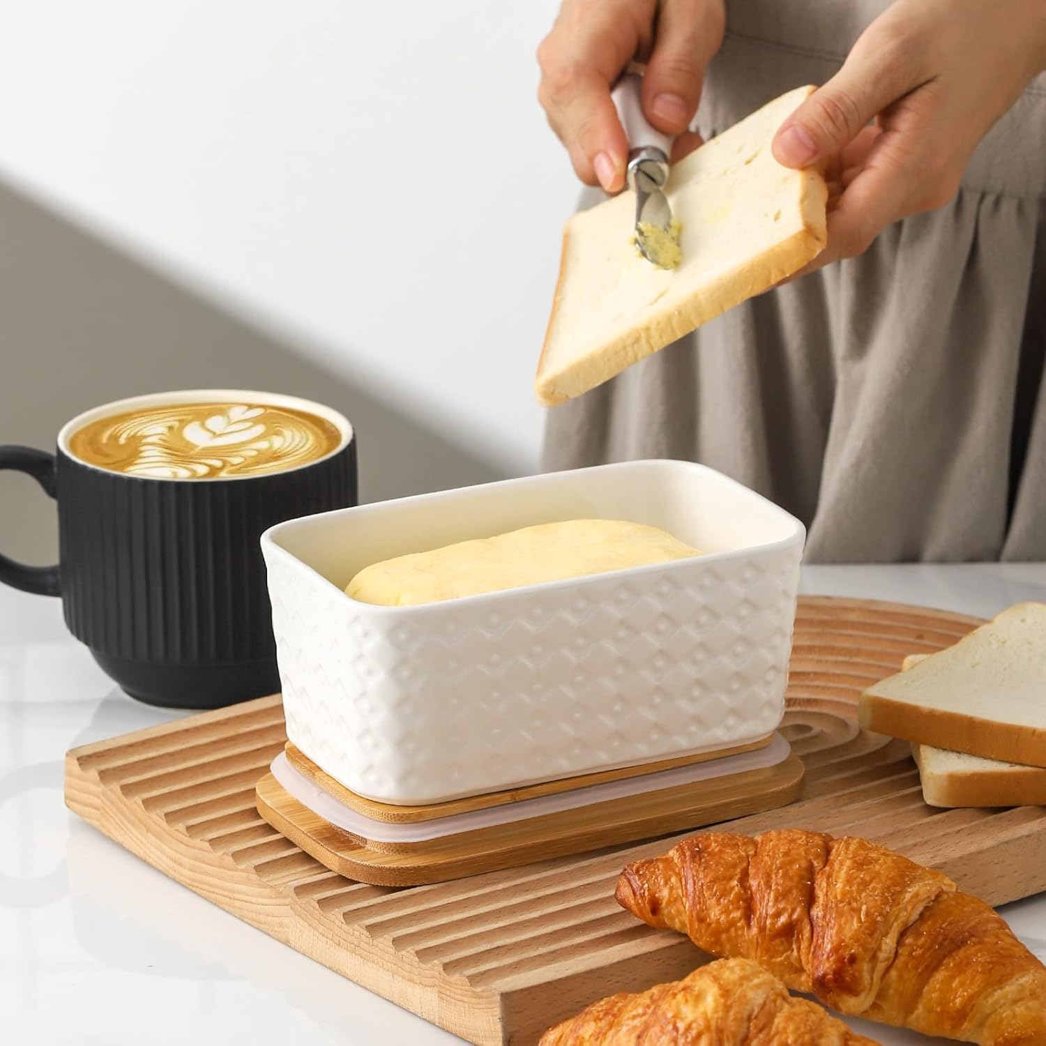 Hasense 2 Piece Butter Dish with Lid for Countertop,7.3” x 6.2” Utensil Holder,White