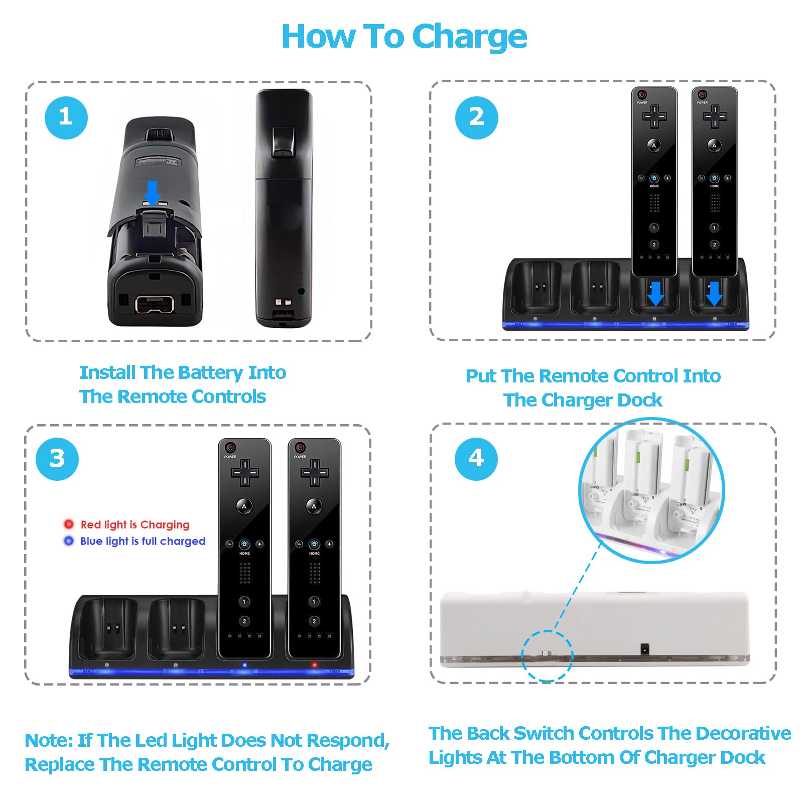SOONHUA Station de Charge Wii 4 en 1 Avec 4 Piles Rechargeables Et Indicateurs LED pour Télécommande - Noir