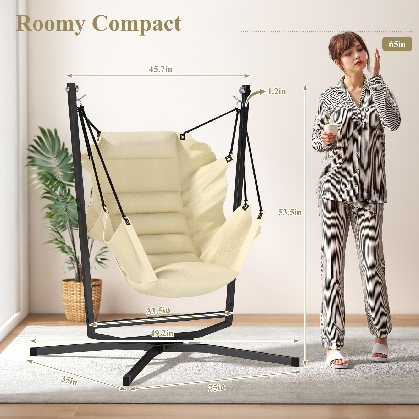 Hängesessel mit Gestell, Outdoor & Indoor Hängeschaukel, Hängestuhl 360° Drehung Hängesessel mit Gestell & Kissen, 180kg Traglast, für Wohnzimmer- Schlafzimmer, Garten Balkon Terrasse (Beige)
