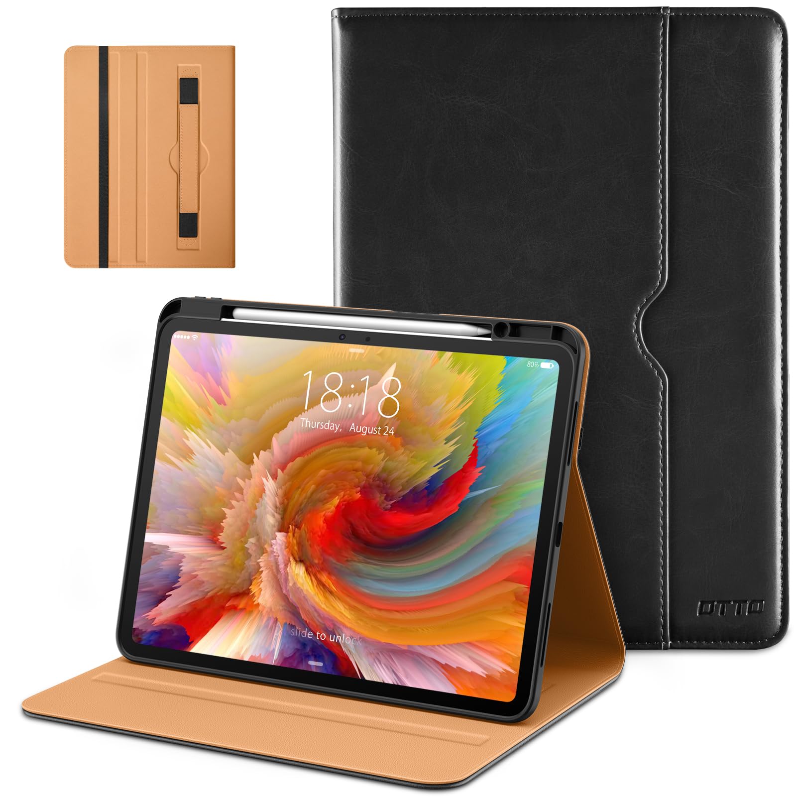 DTTO for iPad Pro 13 inch Case (M4) 2024, Premium Leather Business Folio Stand Cover with Pencil Holder - Auto Wake/Sleep and Multiple Viewing Angles, Built in Hand Strap & Pocket, Black