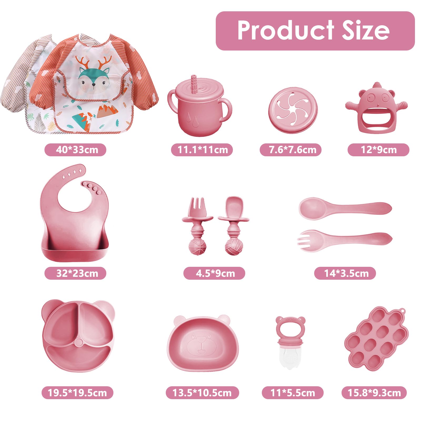 Set Pappa per Bambino, 14 Pezzi, Set Pappa Svezzamento per Bambini in Silicone, Senza BPA, Antiscivolo con Ventosa Piatto Cucchiai Ciotola Tazza Bavaglino (Rosa scuro)