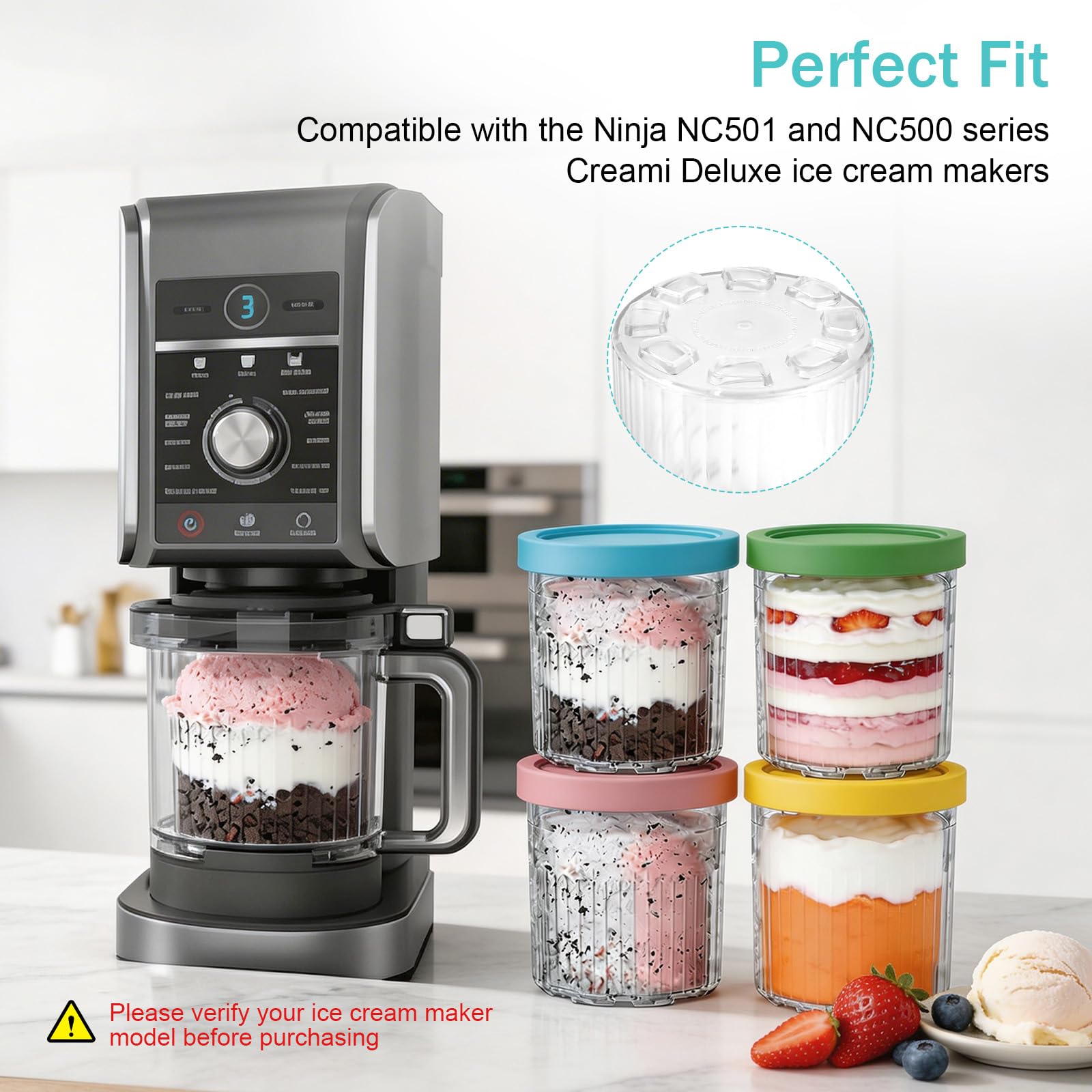 Vasche per gelato Ninja Creami Deluxe Serie NC500 NC501, 4 contenitori sostitutivi con coperchi colorati e cucchiaini
