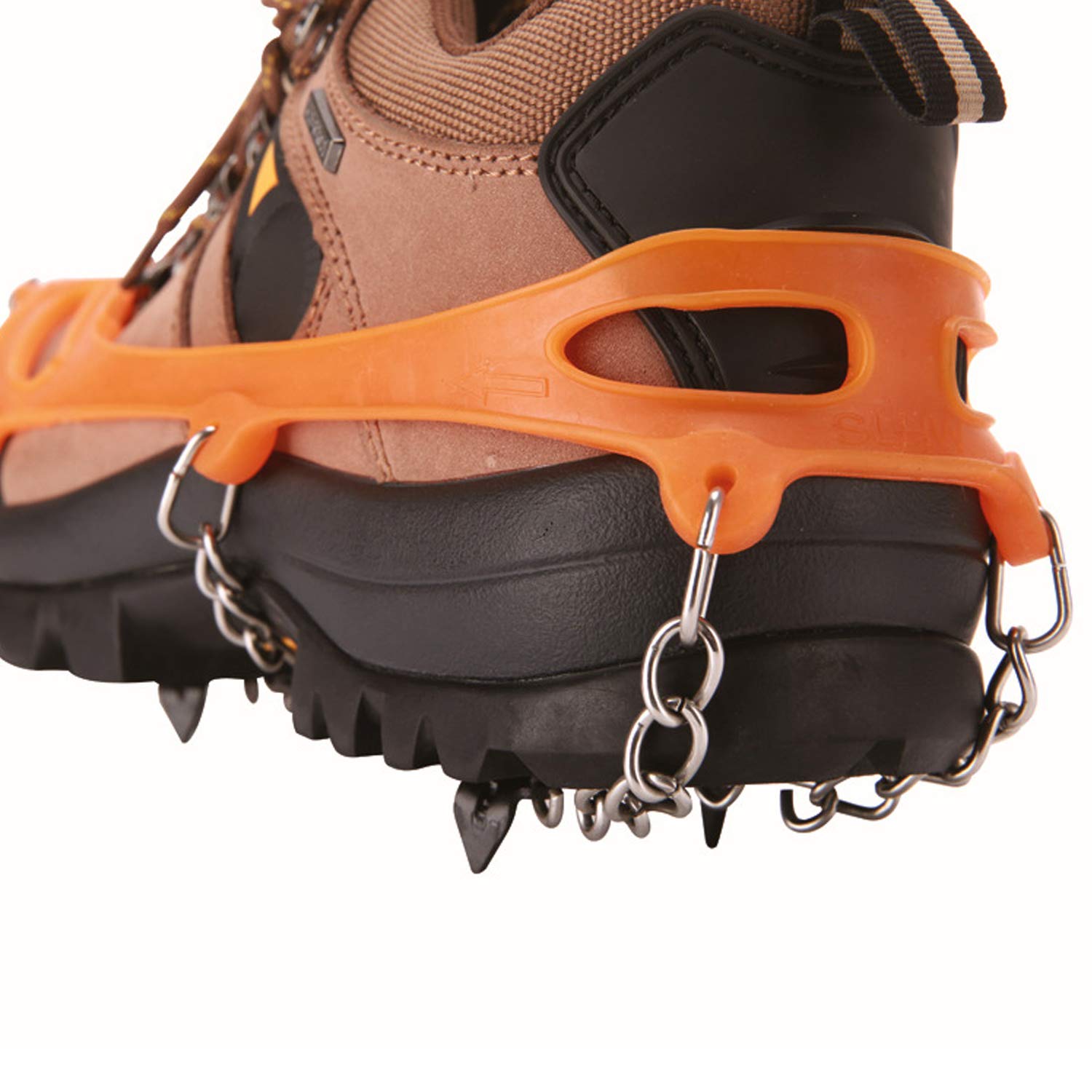 Crampons à 18 dents - Chaîne à neige pour bottes - Crampons pour chaussures de montagne - Noir Orange sur glace et neige - Pour homme et femme