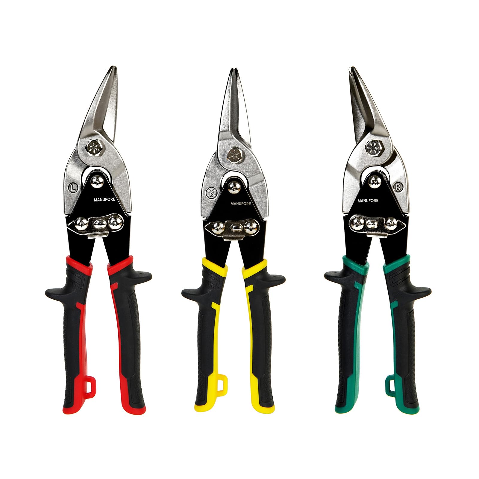 MANUFORE Cisaille Aviation 10 Pouces Set 3 Pièces, Coupe Gauche, Droite & Droite, Acier Chrome Vanadium CR-V pour Découpe de Tôle et Métal