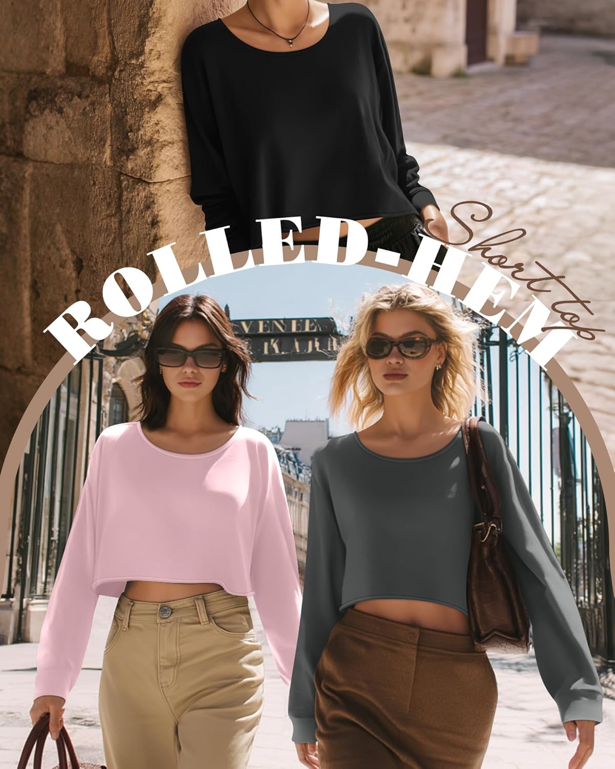 Neer 3 Pack Women's Cropped Long Sleeve Tops, Scoop Neck Loose Fit Sweatshirt Drop Shoulder Casual Basic Crop Tees - Image 3