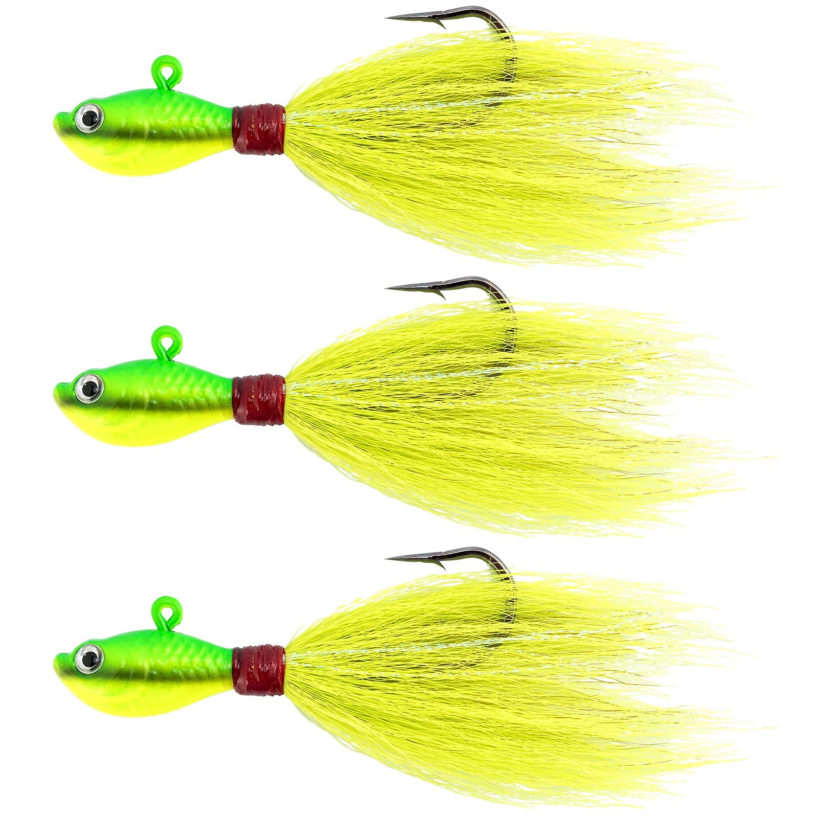 Dr.Fish3 Pack Bucktail Jig Lure Hair Jig Saltwater Freshwater Lures Surf Fishing White Red Chartreuse Bass Flounder Striper Bluefish Halibut Redfish 1/2oz, 1oz, 2oz, 4oz, 6oz