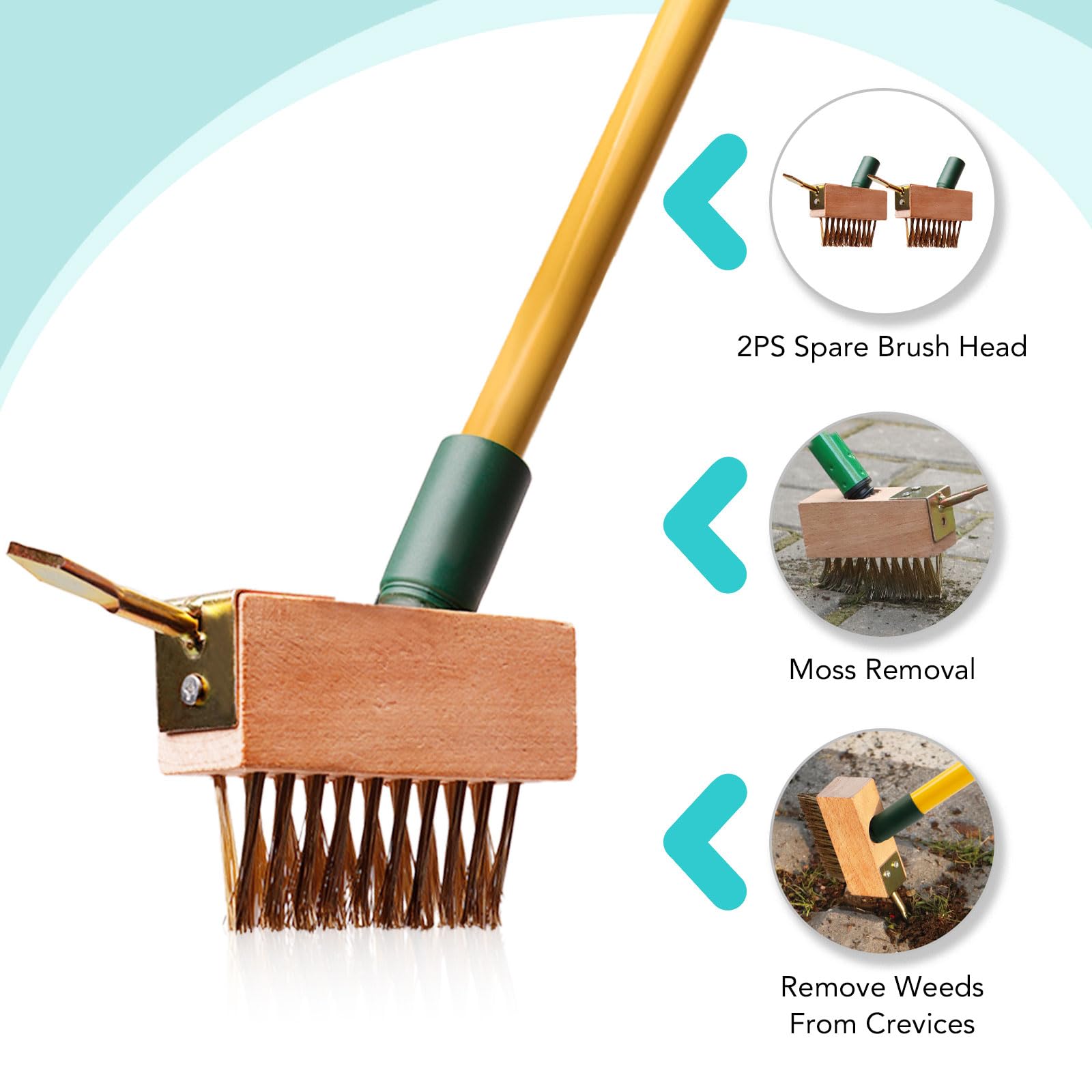 XSSIVE Cepillo extensible telescópico para jardinería con cerdas de alambre en ángulo, cabezales de repuesto y raspador de desmalezadora para eliminar malas hierbas, musgo y algas de patios, entradas