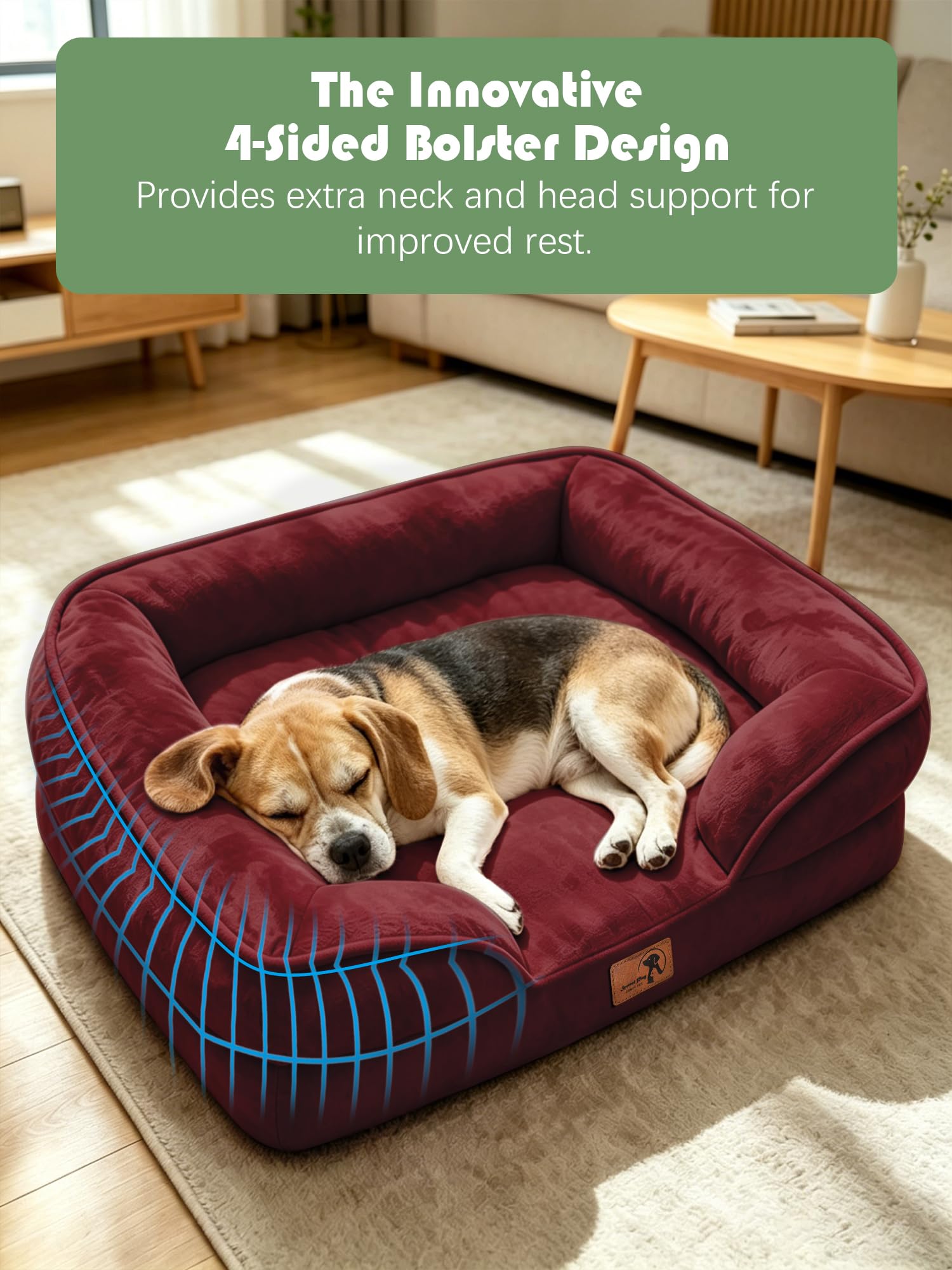 Spotted Play Orthopedic Dog Bed with Sides - Sofa Beds for Medium Dogs, Supportive Foam Pet Couch Bed with Washable Removable Cover, Waterproof Lining and Non-Slip Bottom, Burgundy - M view 5