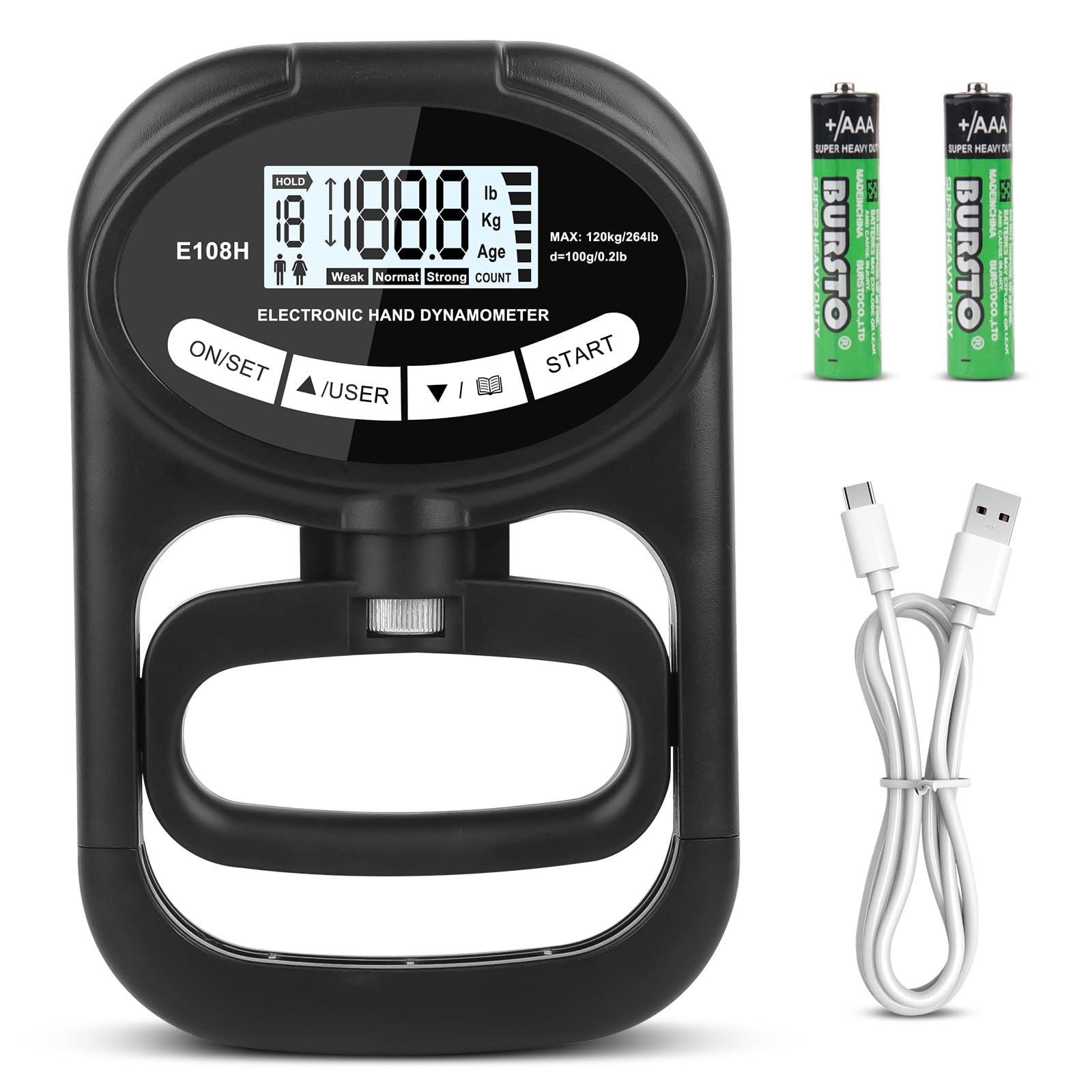 Mineup Medidor digital de mano, 264 lb/120 kg Dinamómetro de Mano Digital, Entrenador de Agarre del Dinamómetro de Mano, Medidor de Fuerza de Agarre con Cable de Carga USB (Negro)