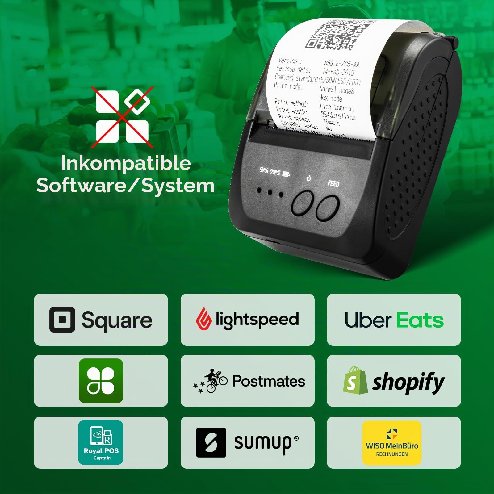 NetumScan Bluetooth Wireless Thermobondrucker, 2 Zoll 58mm Mini USB POS Drucker für Restaurant Einzelhandel Kompatibel mit Android/iOS/PC/Windows NS1809DD