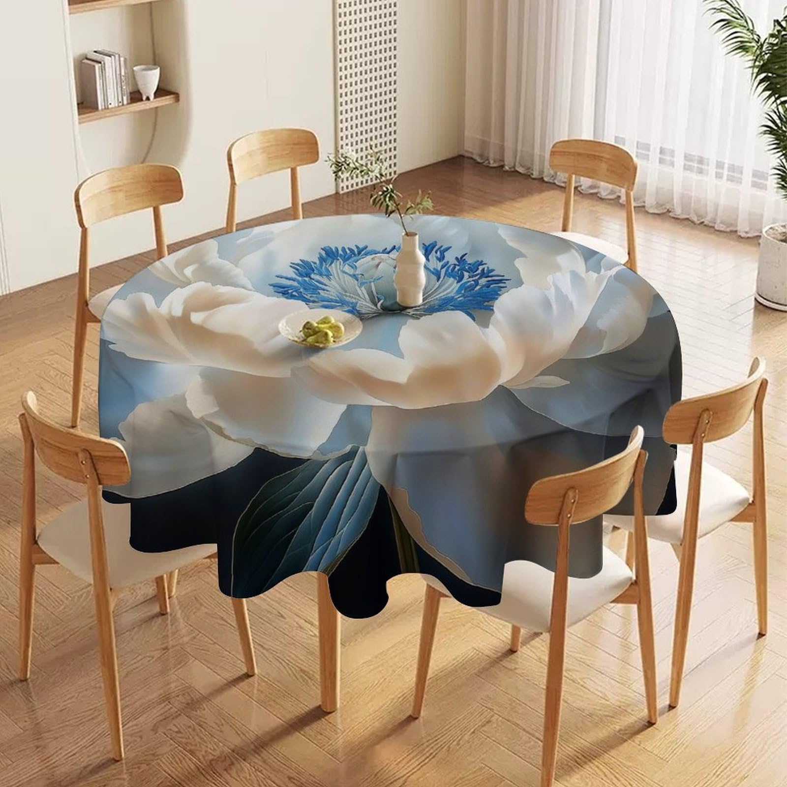 ORDOBO 3D Printed Tablecloth - White Flowers Fashion Table Protect Cover Waterproof Wipeable For Kitchen Dinner Garden Dining Home Decoration 152X152Cm