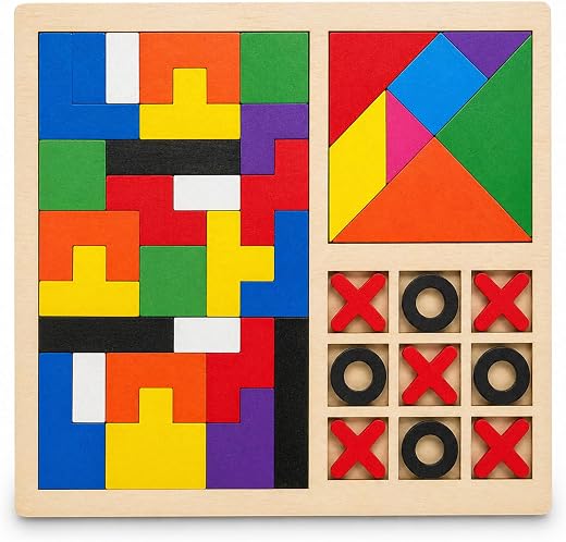 Wudly 3in1 Wooden Puzzle Toy for Kids Tetris Tangram Tic Tac Toe Board Montessori Educational Brain Development Toys for ...