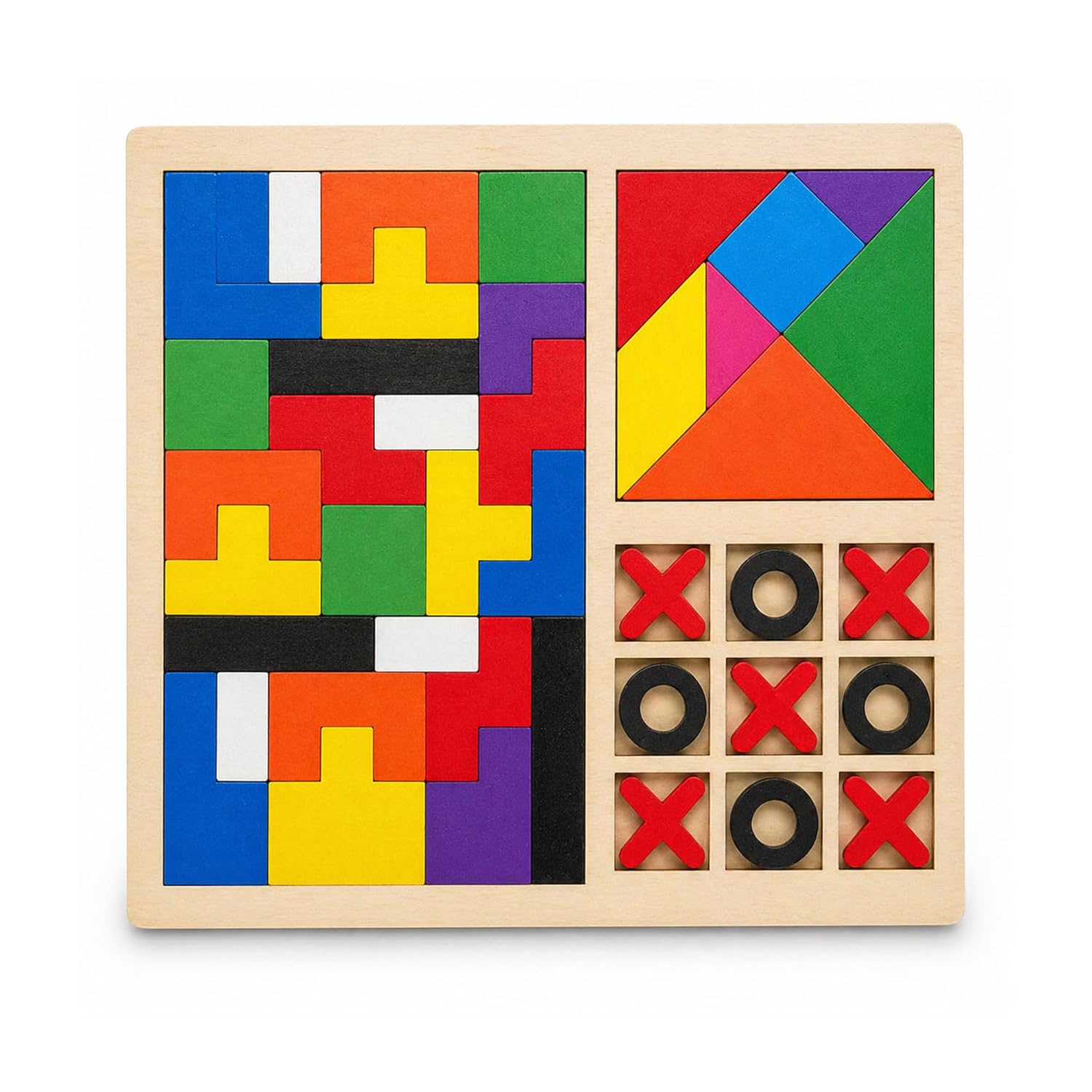 Wudly 3in1 Wooden Puzzle Toy for Kids Tetris Tangram Tic Tac Toe Board Montessori Educational Brain Development Toys for
