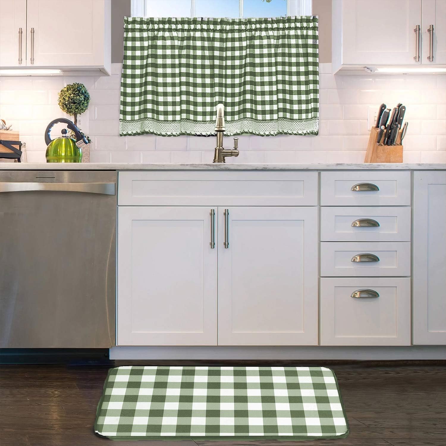 Woven Trends 3-Piece Tier and Valance Set, Window Kitchen Curtains Checkered Plaid Gingham Design, 29W x 24L Inches Farmhouse Tier Panels, Buffalo Cafe Curtain with Swag and Tier Pair Set, Sage
