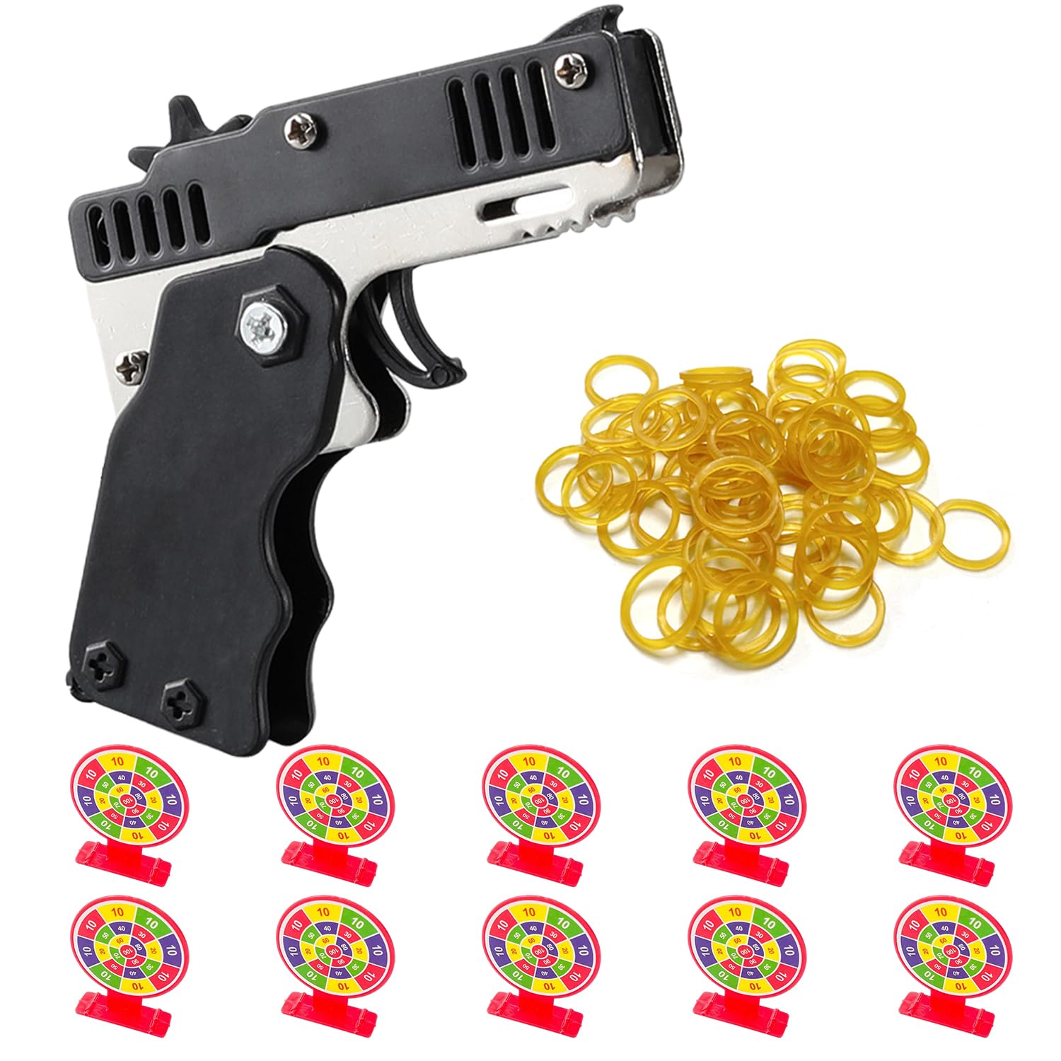 1pcs Mini Metal Rubber Strap Gun With 60pcs Soft Rubber Bands, 10pcs Plastic Shooting Targets, Portable Rubber Belt Gun, Indoor And Outdoor Shooting Games, Catapult Toys With Key Chain (Black)