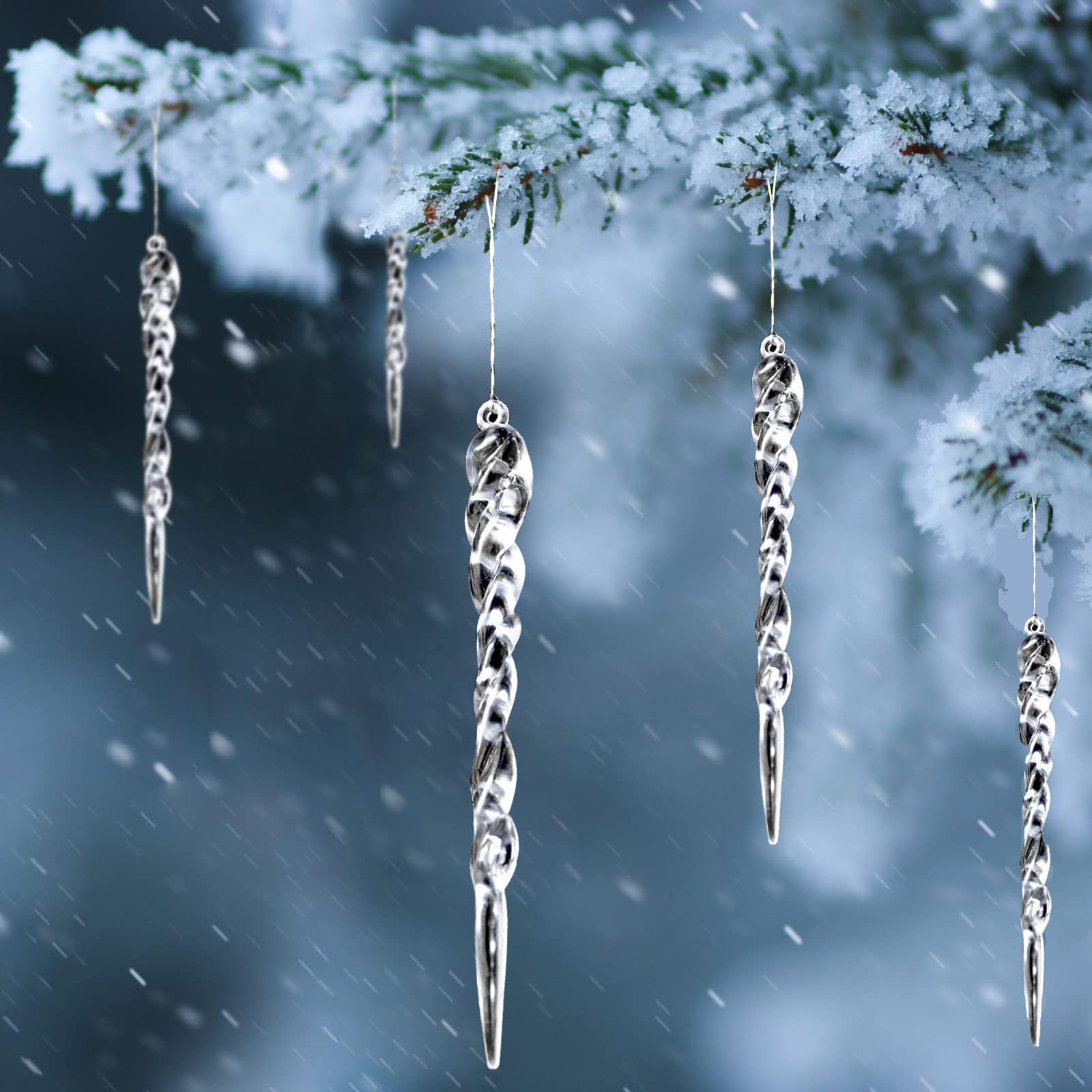 Yeenano White Christmas Tree Icicles,24-Piece Acrylic Christmas Icicle Ornaments Set,Icicle Decorations,Clear Crystal Icicles Tree Hanging Decorations With String For Xmas Winter Party Home Decor