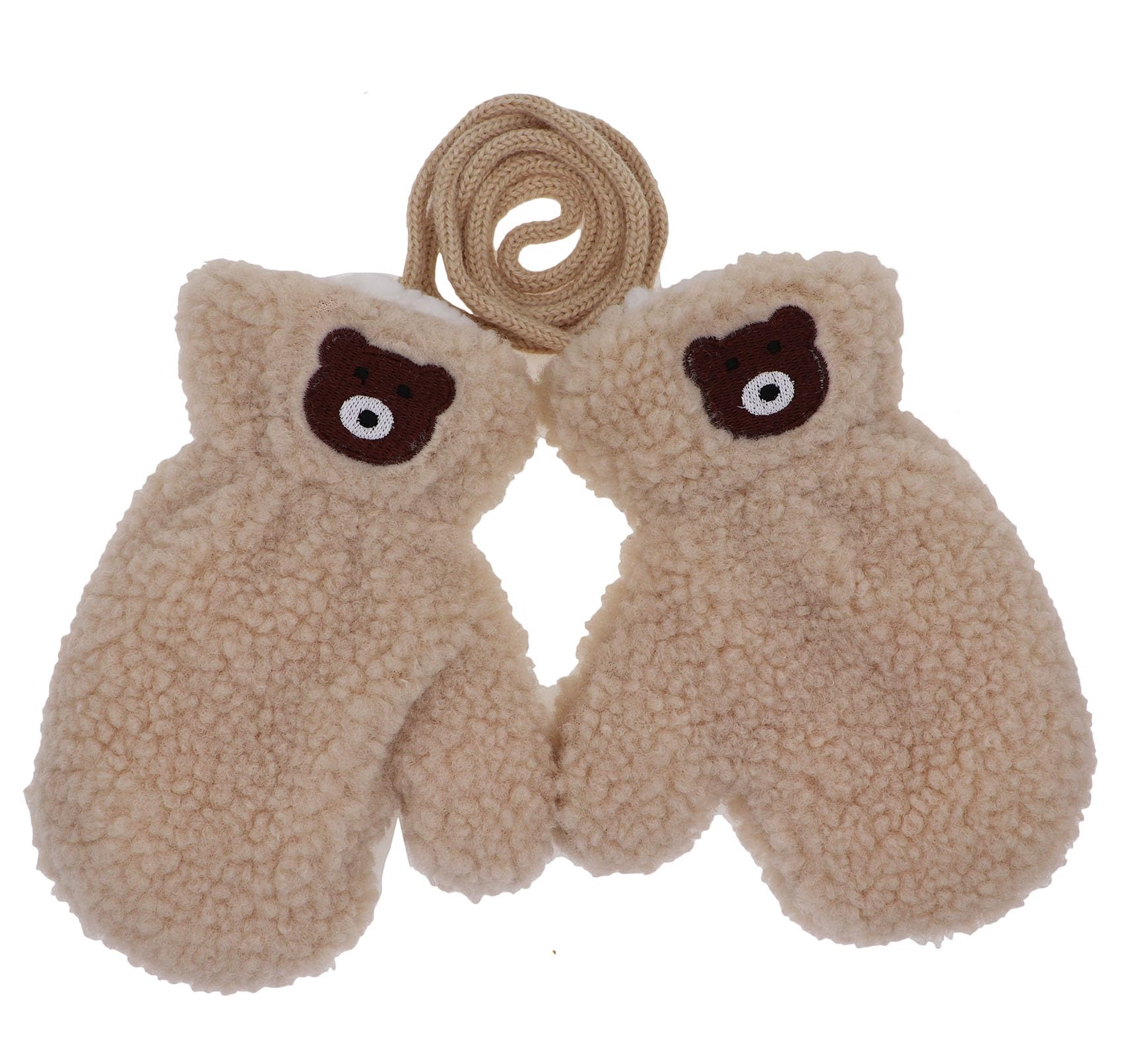 Little Boys Girls Bear Winter Warm Plush Mittens with String Kids Baby Soft Thick Fleece Lined Gloves