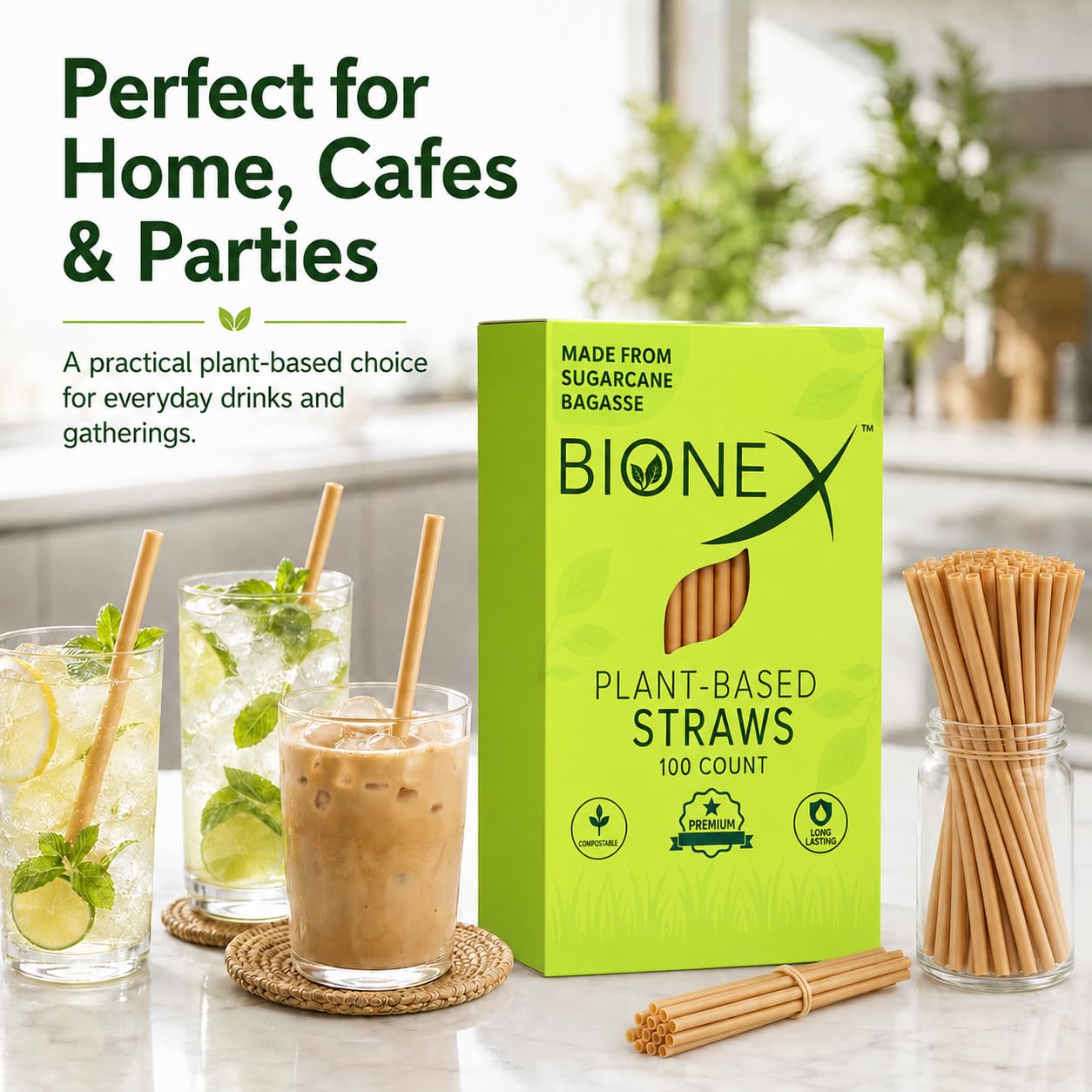 Bionex - Pajitas de caña de azúcar biodegradables, (20,3 cm de longitud), (100 pajas/caja) Alternativa al plástico