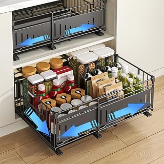 Extendable Sliding Drawer Expandable Organizer Kitchen Drawer Storage Under The Sink Metal Spice Box Maximum Space, Adjustable Width 32.5-50cm (Style A Black, 2 Pieces)