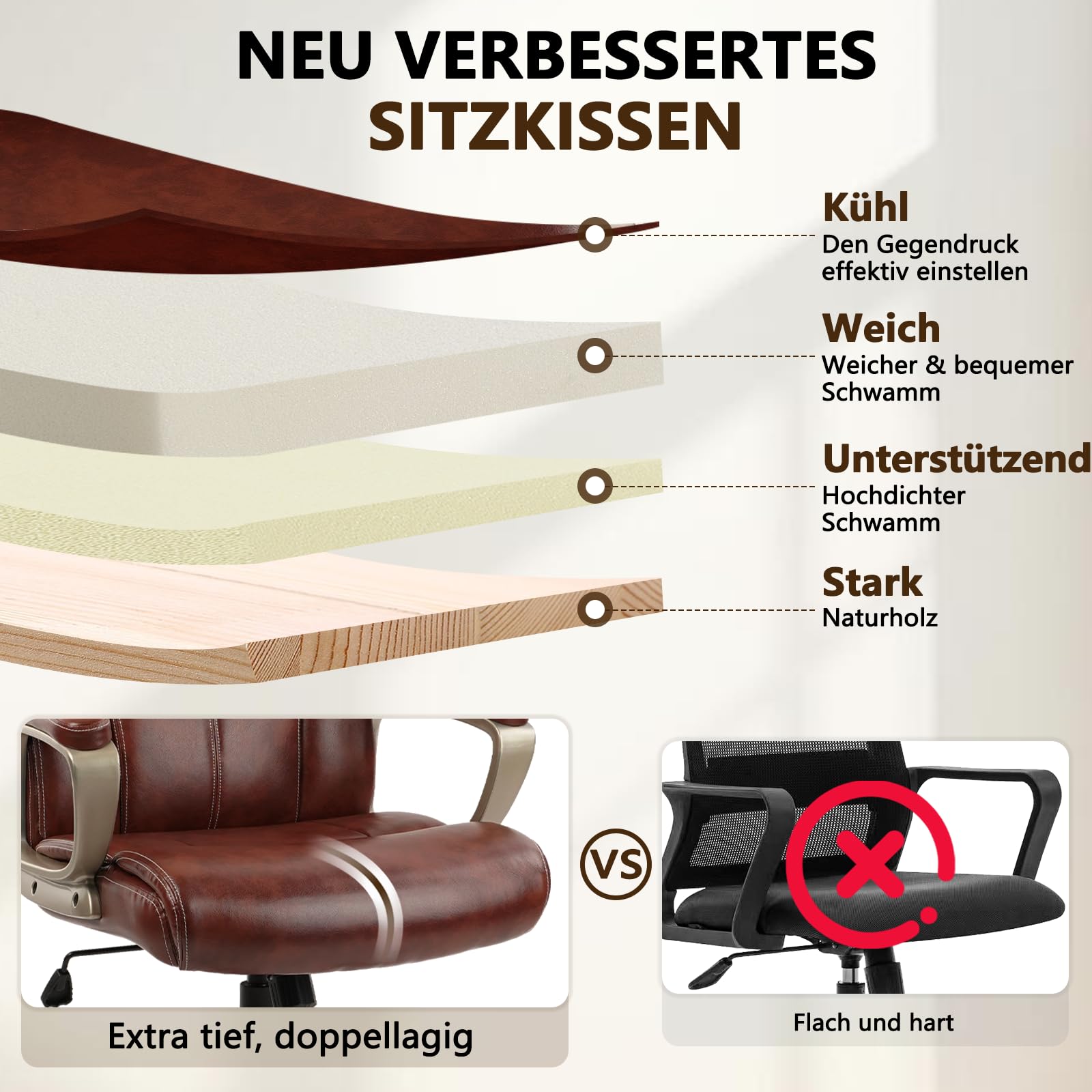CLATINA Chefsessel Hohe Rückenlehne PU Leder Bürostuhl mit Rollen Armlehnen Ergonomische Lendenstütze Höhenverstellbar 360° Drehbarer Schreibtischstuhl für Konferenzraum Homeoffice Braun