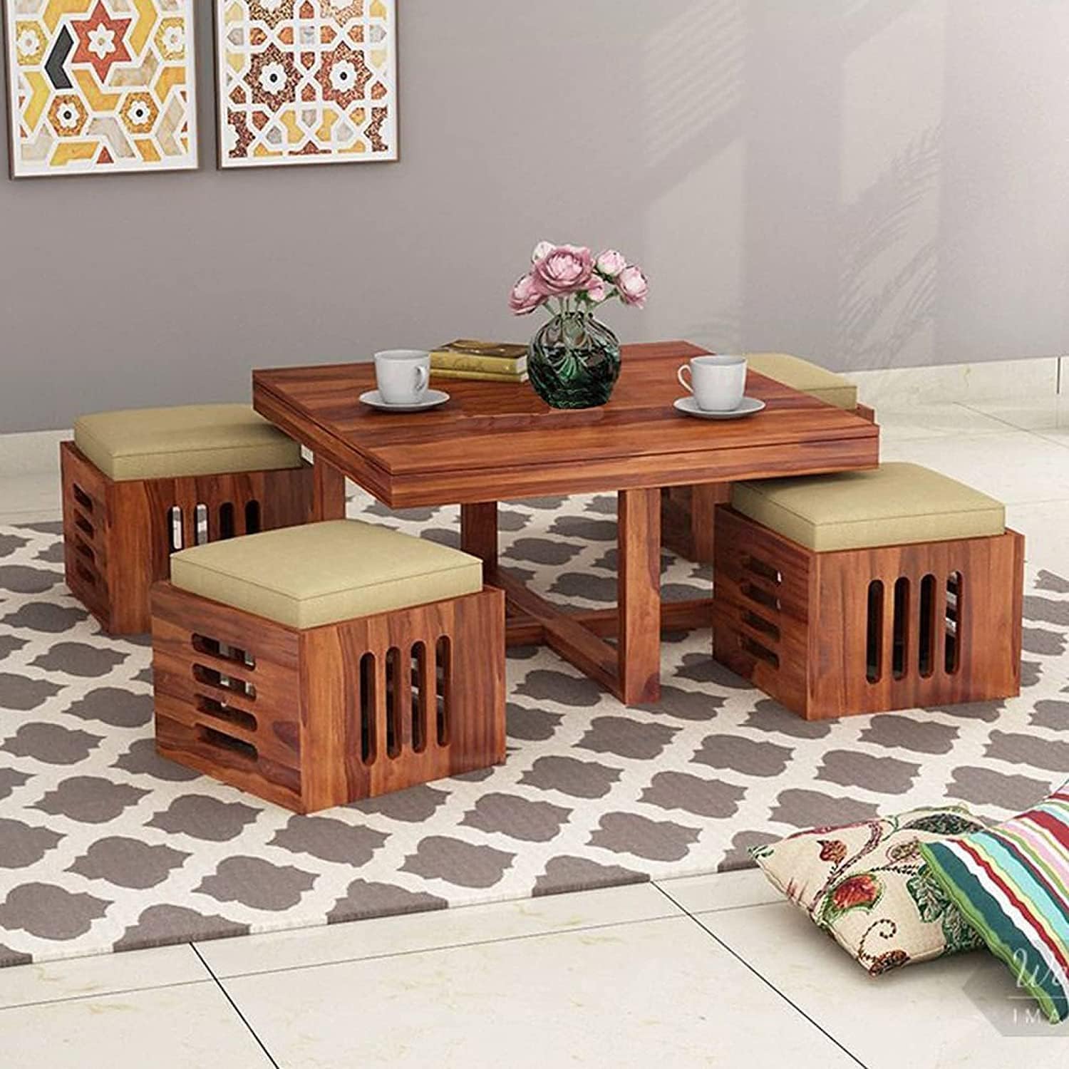 Solid Sheesham Wooden Coffee Table with 4 Stool Wooden Center Table with 4 Stools for Living Room - Teapoy Center Piece for Home Sofa Center Table (Honey, Hilton)