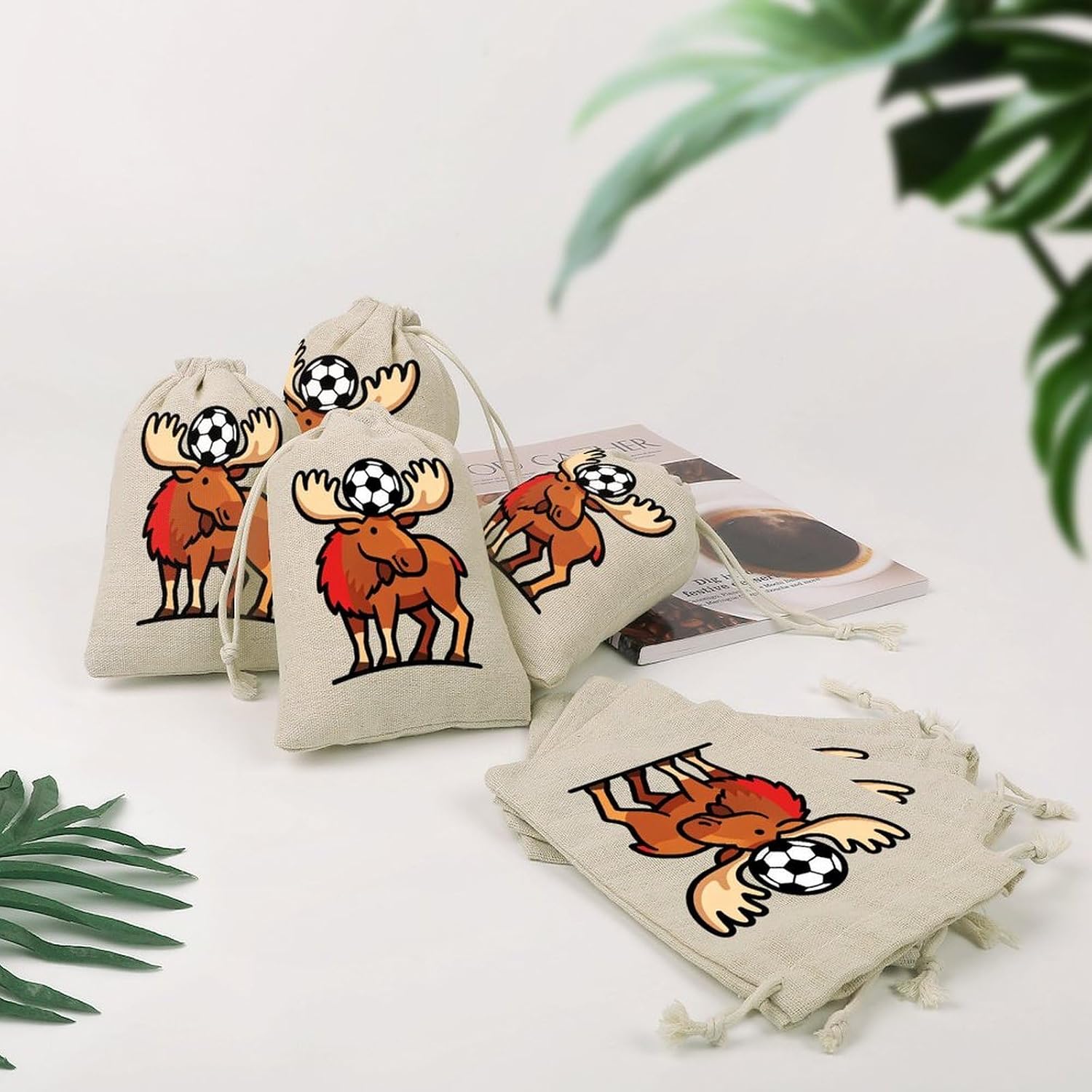 Canadian Moose Soccer Drawstring Bags Cotton Linen Pack of 8 | Reusable Storage Gift Pouch Party Home Supplies