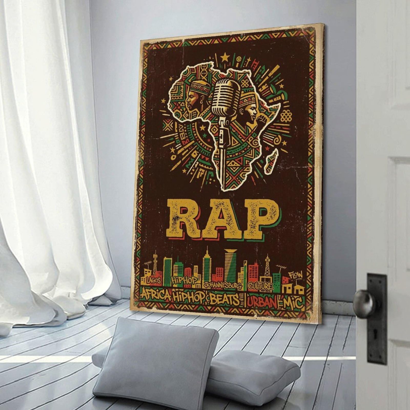OKNGB Poster con musica rap africana, mappa hiphop con microfono, poster decorativo da parete su tela, poster decorativo per camera da letto, poster decorativo per camera da letto, 40 x 60 cm