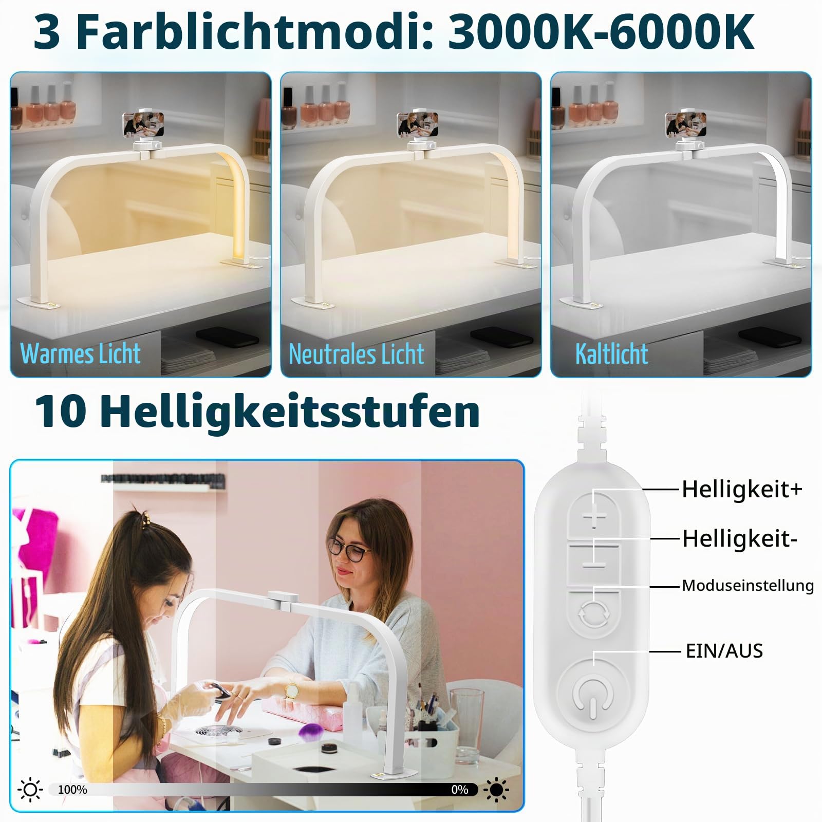 CGBE LED Halbmond Lampe für Nageltisch Faltbare für Nageltechniker - Weiß | 28 Zoll Dimmbar Nageltisch Lampe mit Handyhalter - 3 Farbmodi 10 Helligkeiten - Tischlampe für Maniküre Tattoo Basteln