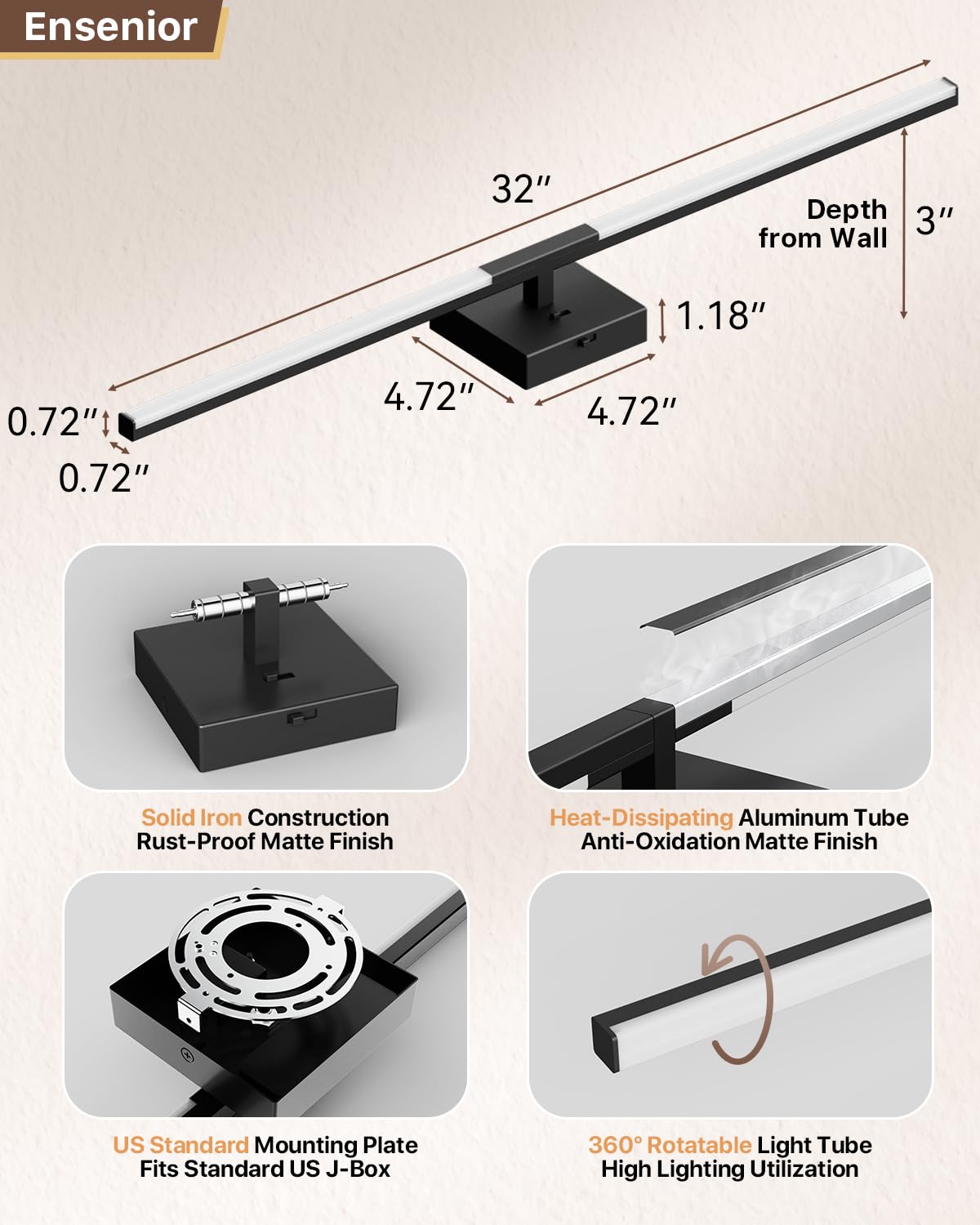 Ensenior Moderna luz de baño de 81,3 cm (32 pulgadas), atenuador integrado, 18,5 W, regulable, 5CCT, luces LED de baño para baño, espejos, armarios de dormitorio, certificados FCC y ETL