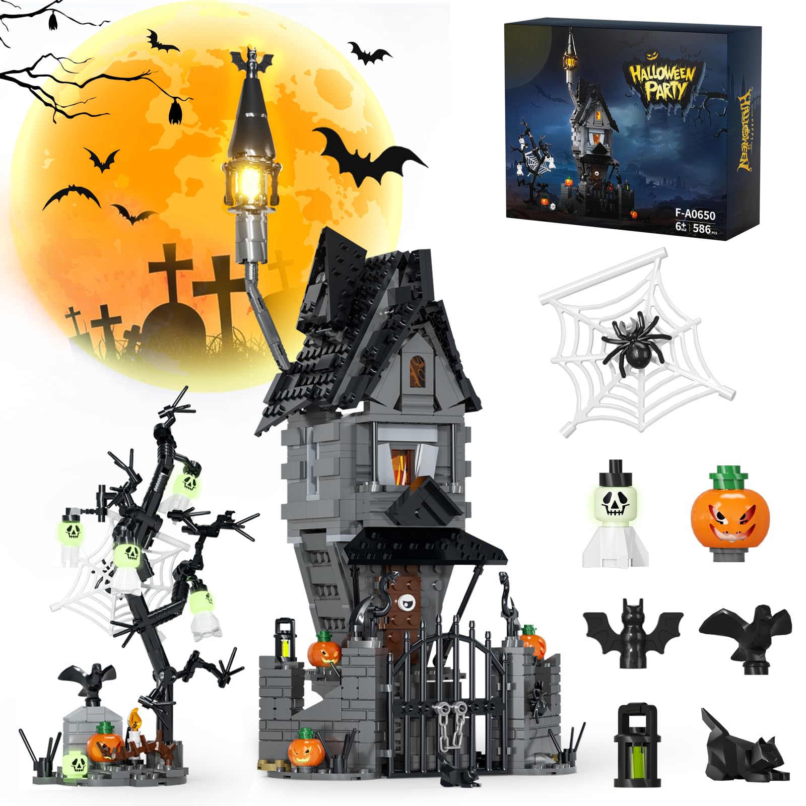 Tweandar Halloween Haunted Mansion Building Set,Before Xmas Haunted House Building Blocks Set with Light, Glow-in-The-Dark Pumpkins and Skeleton