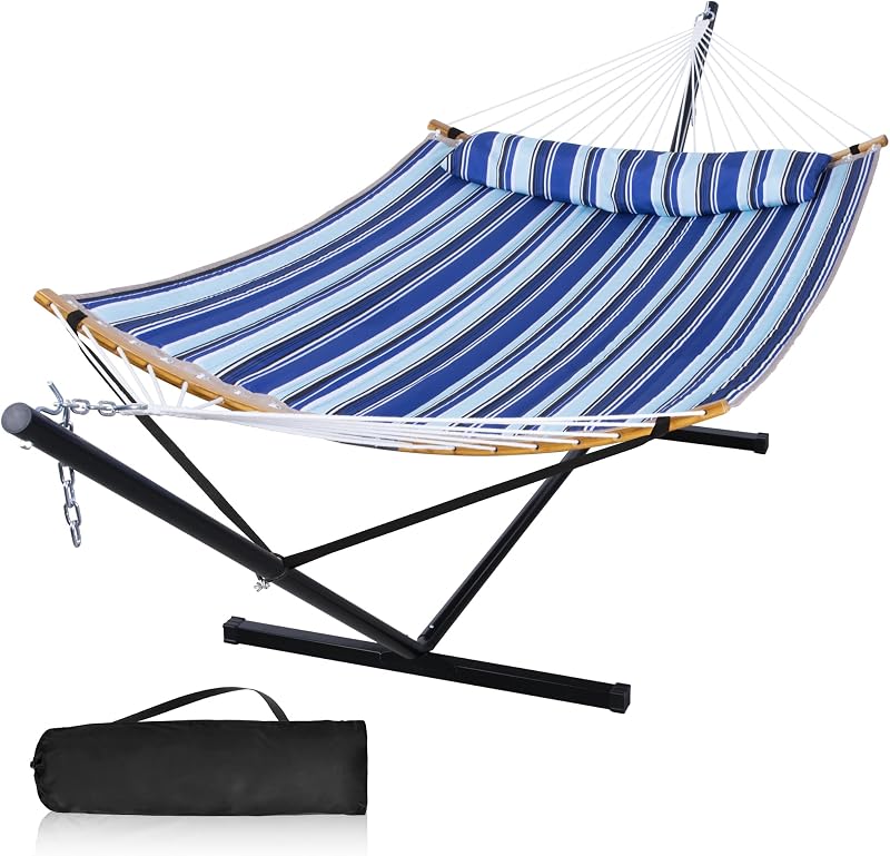 Patio Hammock with 12FT Stand, Heavy Duty Hammock Blue Stripes | Freestanding Hammock with Curved Spreader Bars, Pillow, Safety Ropes and Portable Carring Bag, Outdoor Hammock, Max 450 Lbs