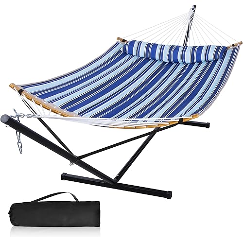 12 Ft Hammock with Stand for Outside, 2 Person Hammock Freestanding with Curved Spreader Bars, Pillow and Portable Bag, Heavy Duty 450 Lbs, Blue Stripes
